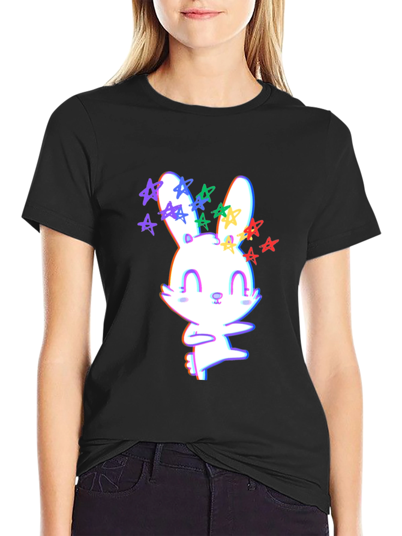 Black Cute Bunny with Stars Graphic T-Shirt view 2