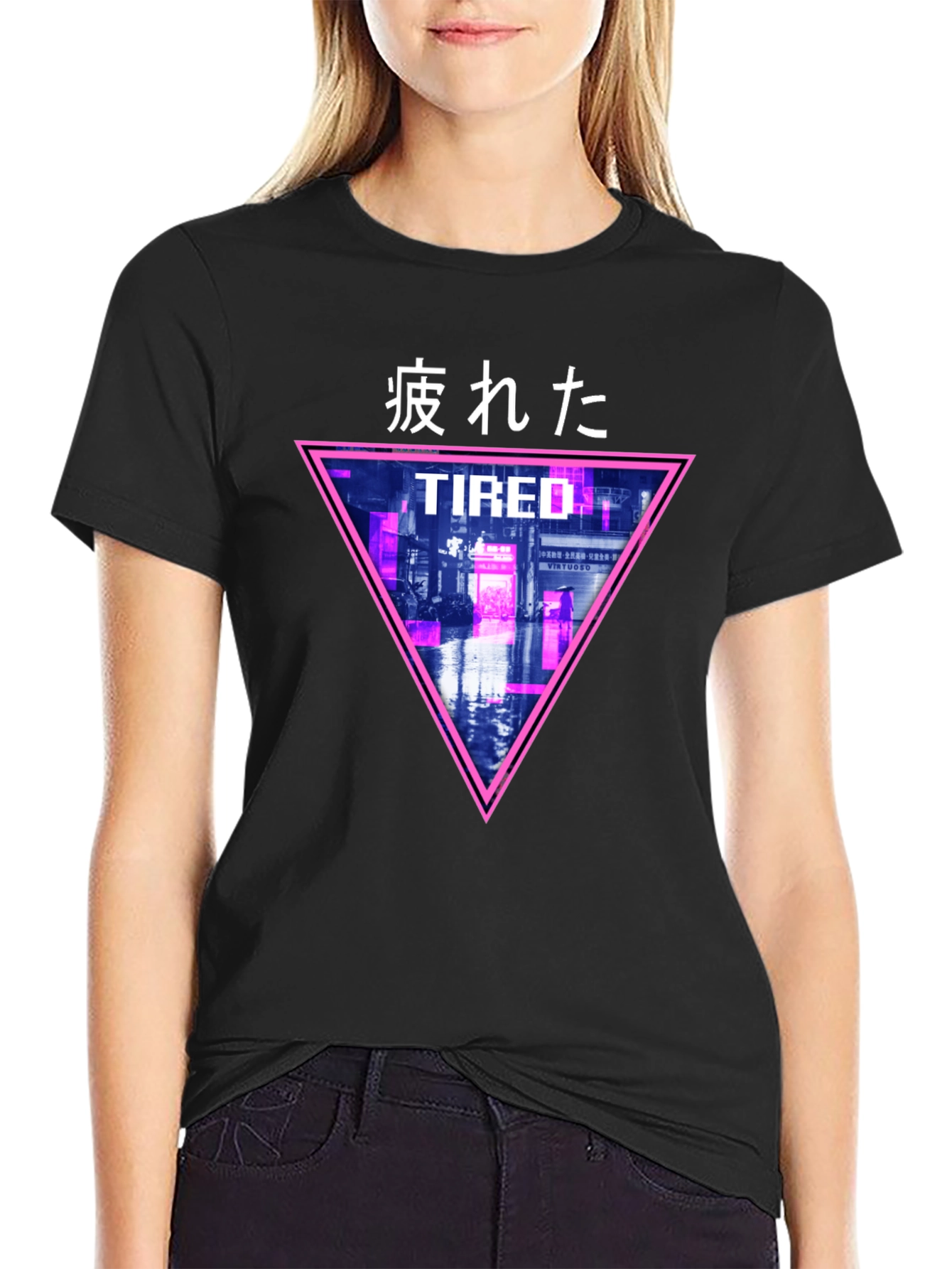 Black Cyberpunk "Tired" Graphic T-Shirt view 2