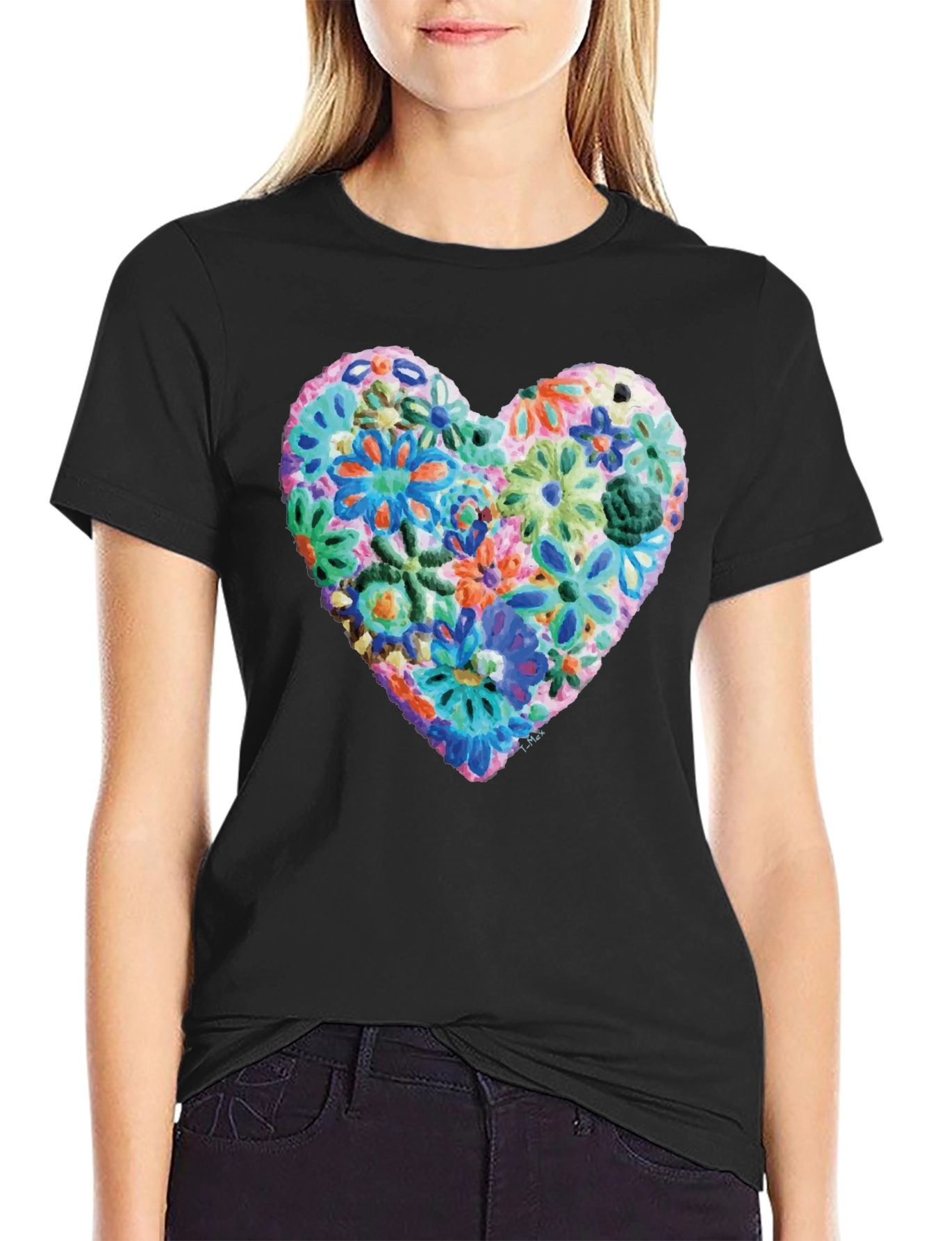 Black Floral Heart Graphic Print Crewneck T-Shirt view 2
