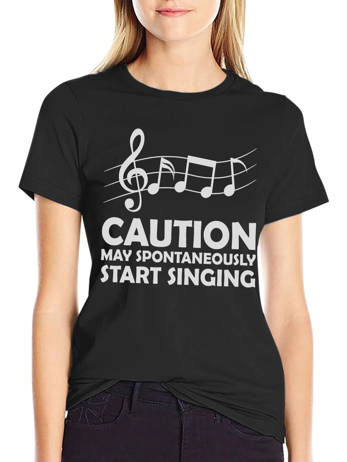 Black Caution May Spontaneously Start Singing Black T-Shirt view 2