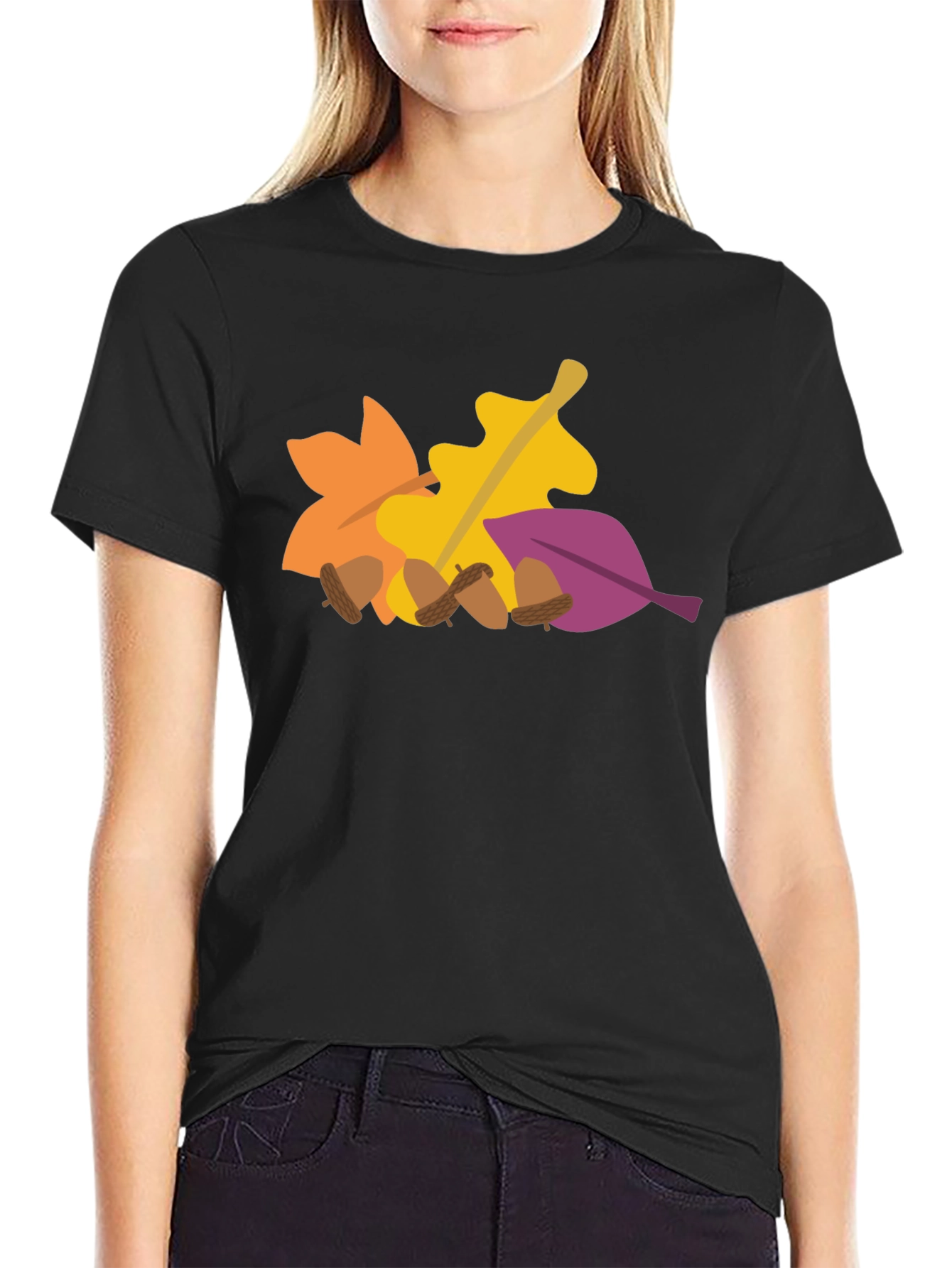 Black Fall Leaves & Acorns Graphic Tee - Autumn Vibes view 2