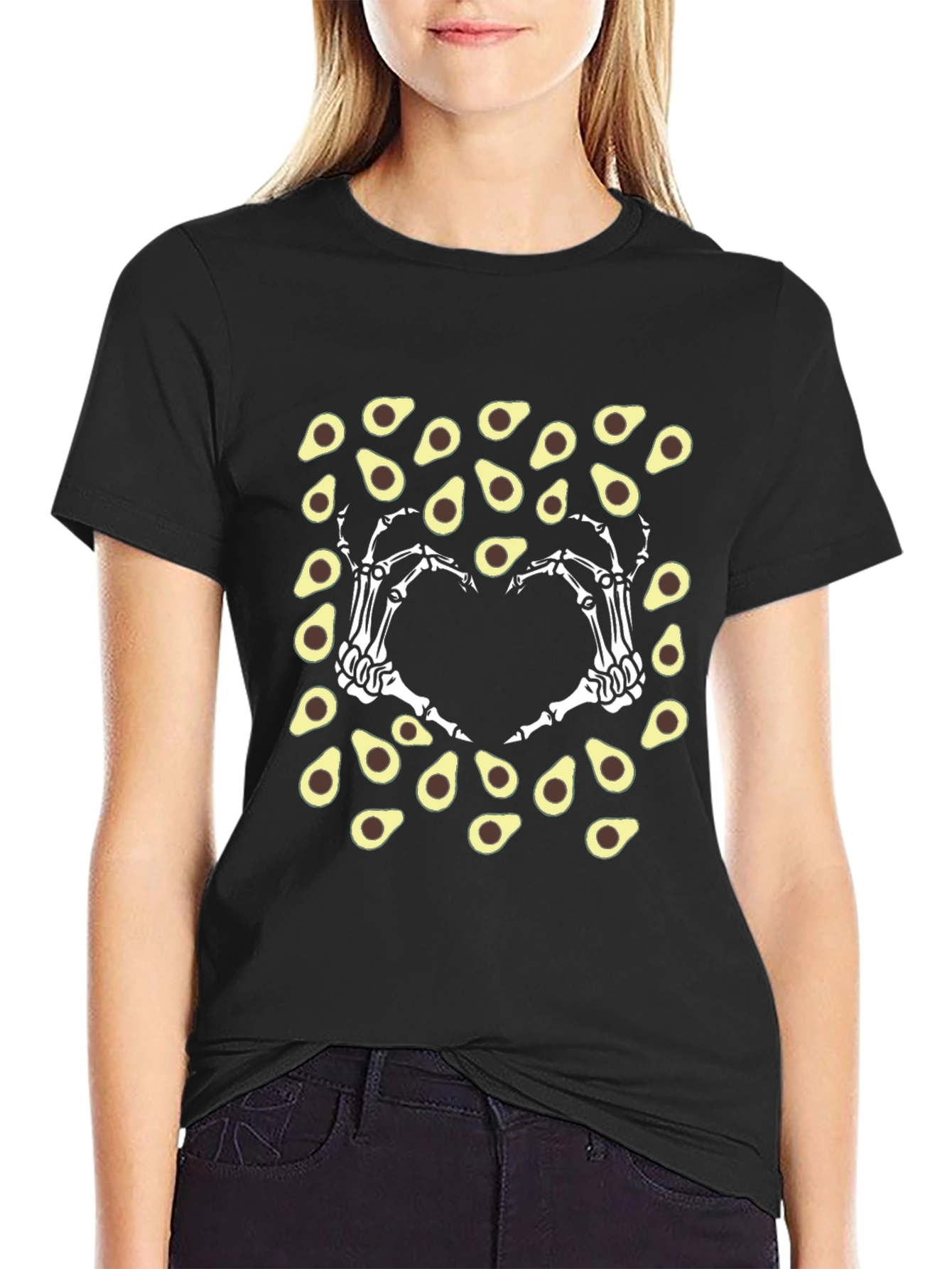 Black Avocado Skeleton Hand Heart T-Shirt view 2