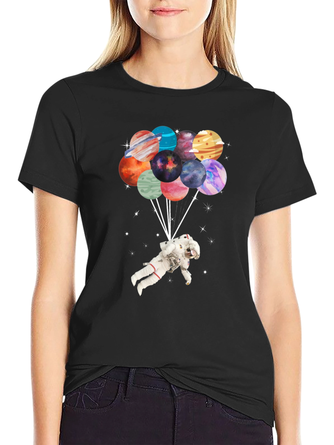 Black Astronaut Planet Balloon Graphic T-Shirt view 2