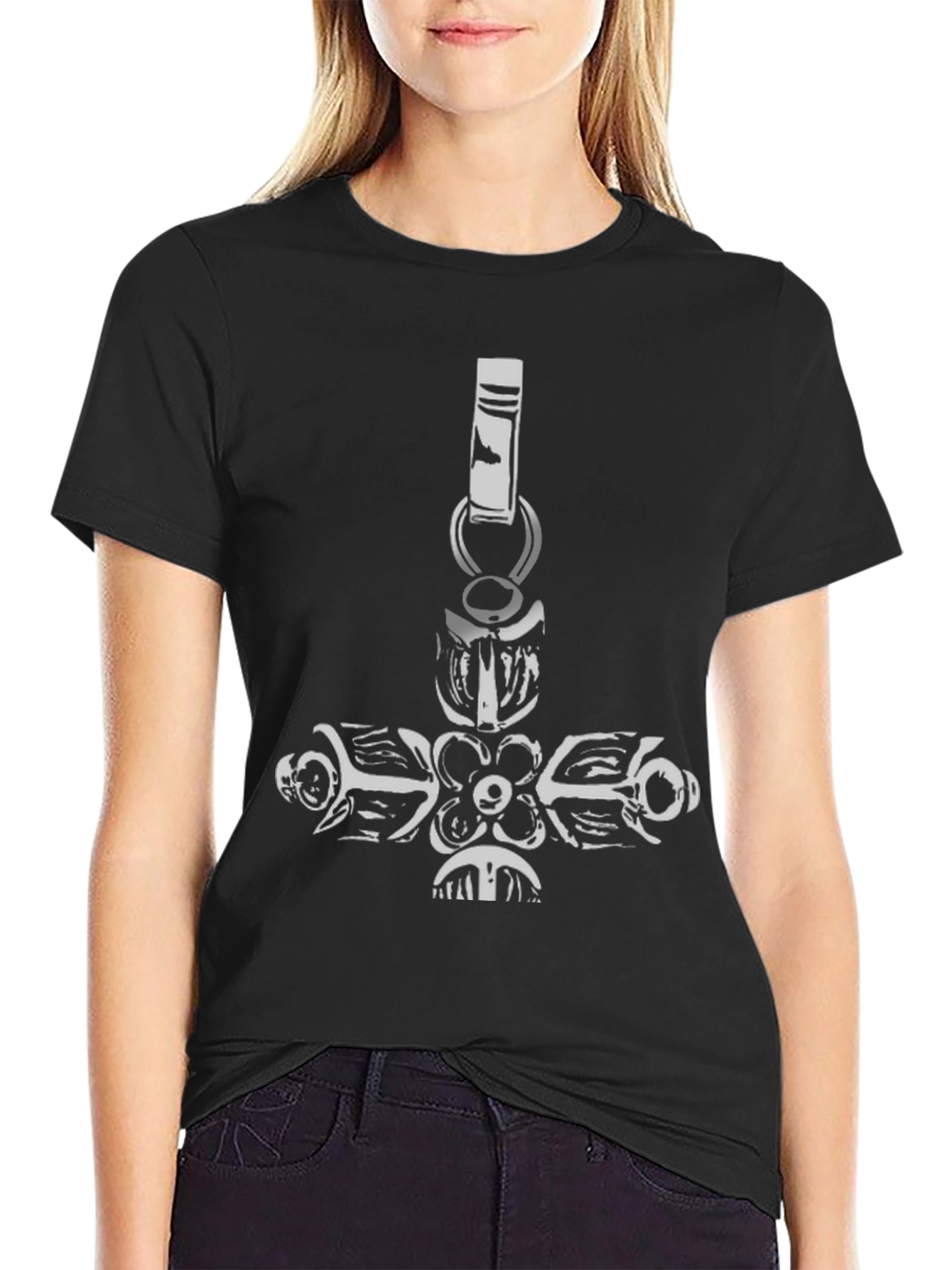 Black Black Tee with Ornate Cross Pendant Design view 2