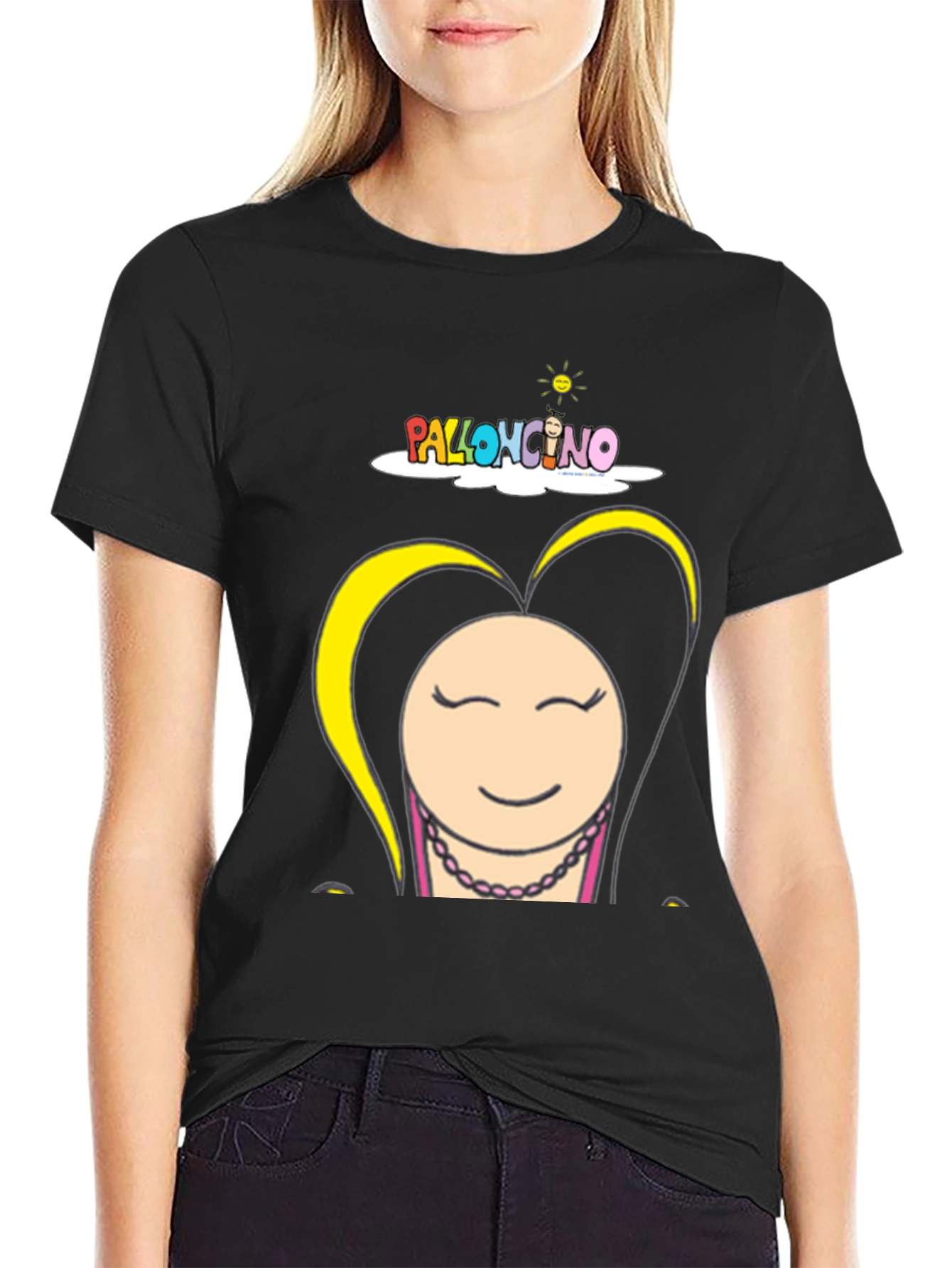 Black Funny Cartoon Graphic Black T-Shirt view 2