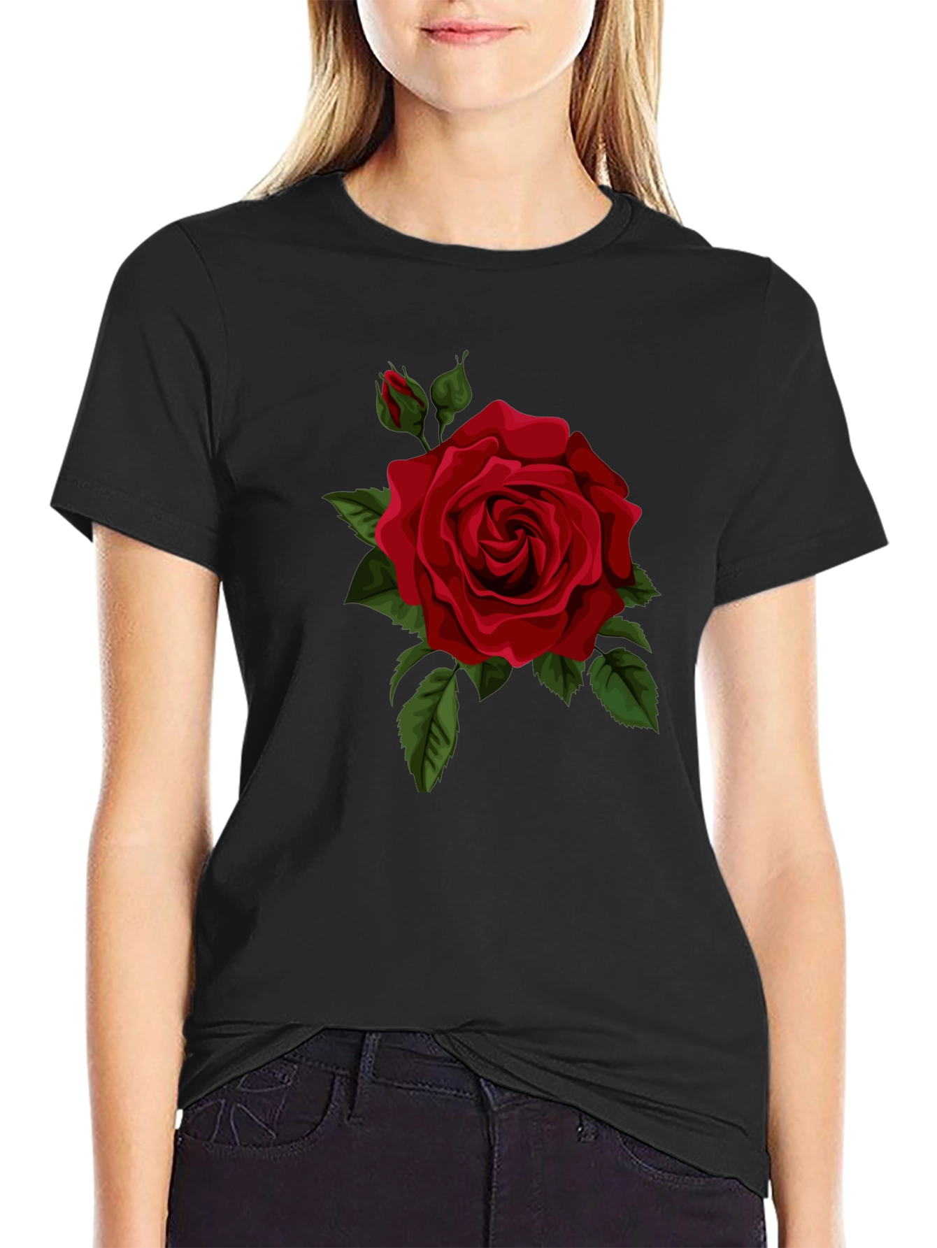 Black Red Rose Graphic Black T-Shirt view 2
