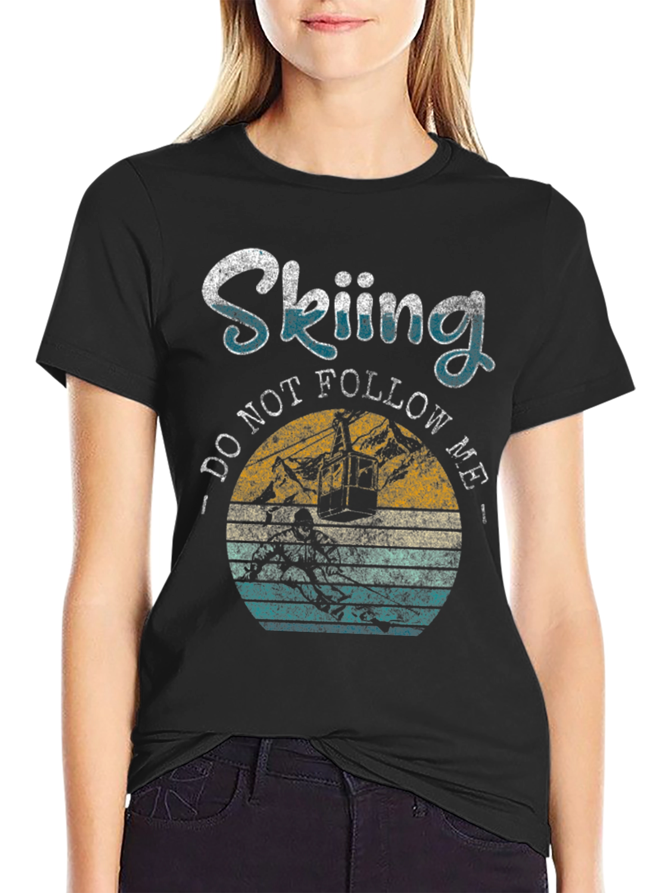 Black Skiing T-Shirt - "Do Not Follow Me" Retro Style view 2
