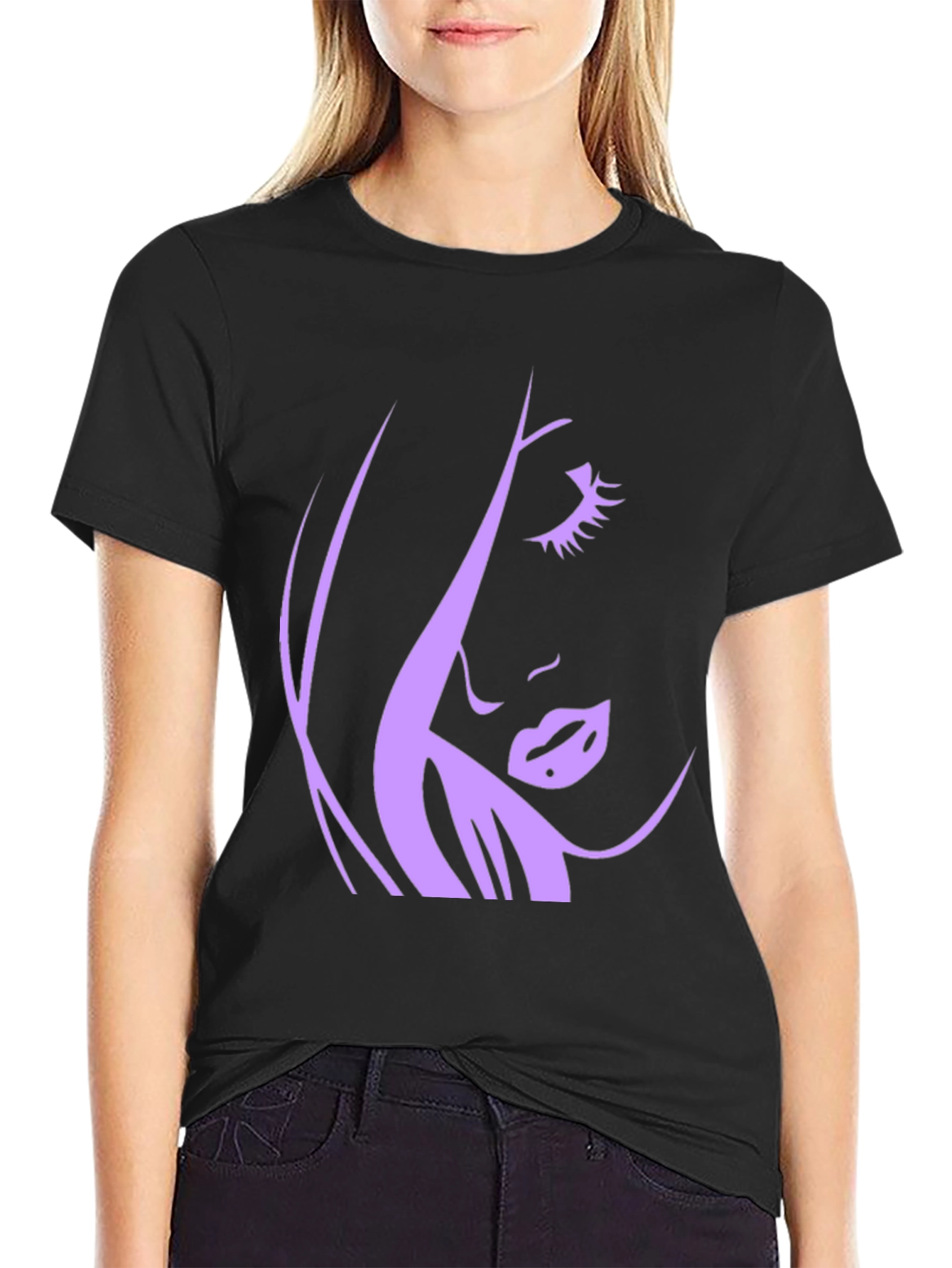 Black Silhouette Woman Graphic Tee - Black Cotton T-Shirt view 2