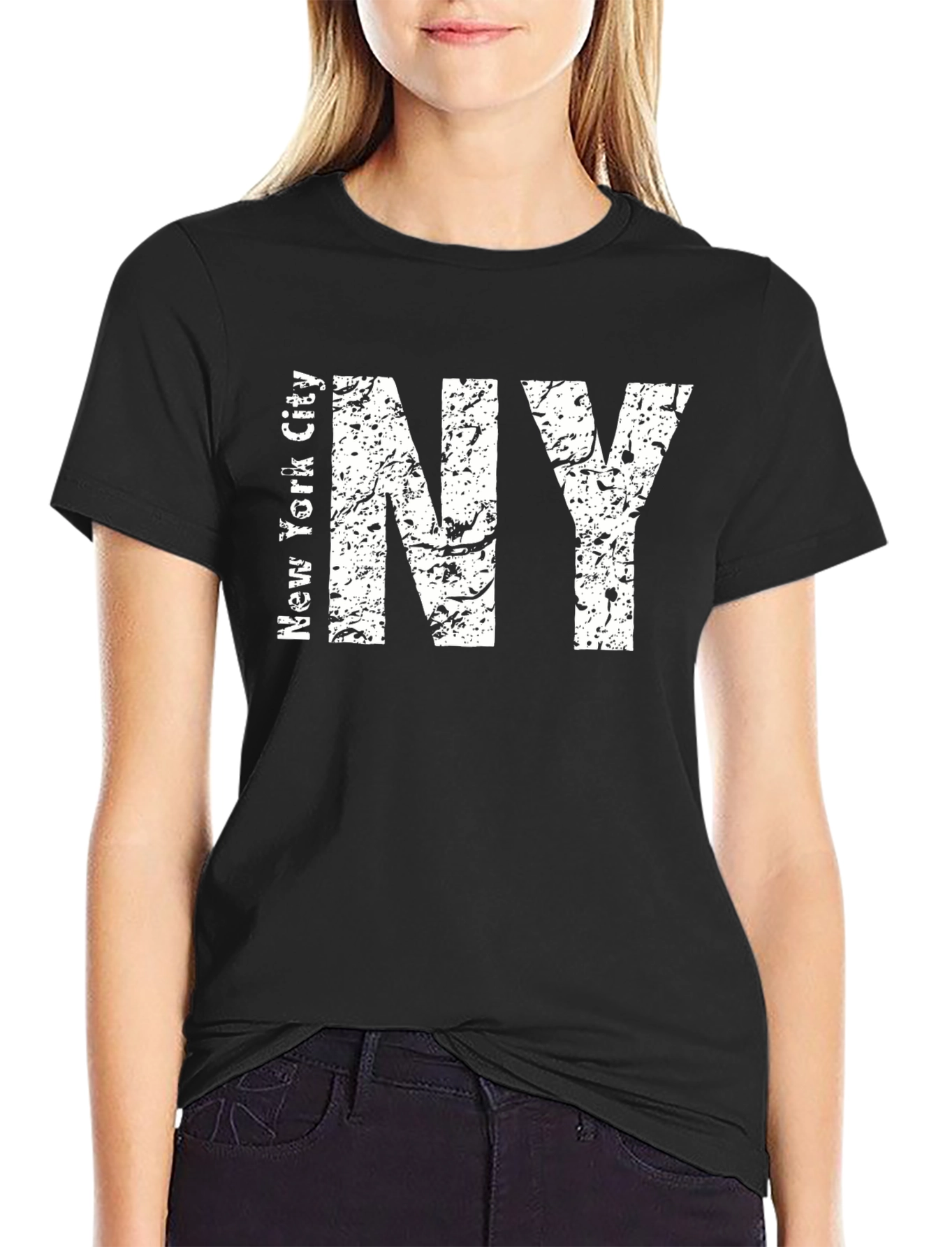 Black Distressed NY Text Graphic Black T-Shirt view 2