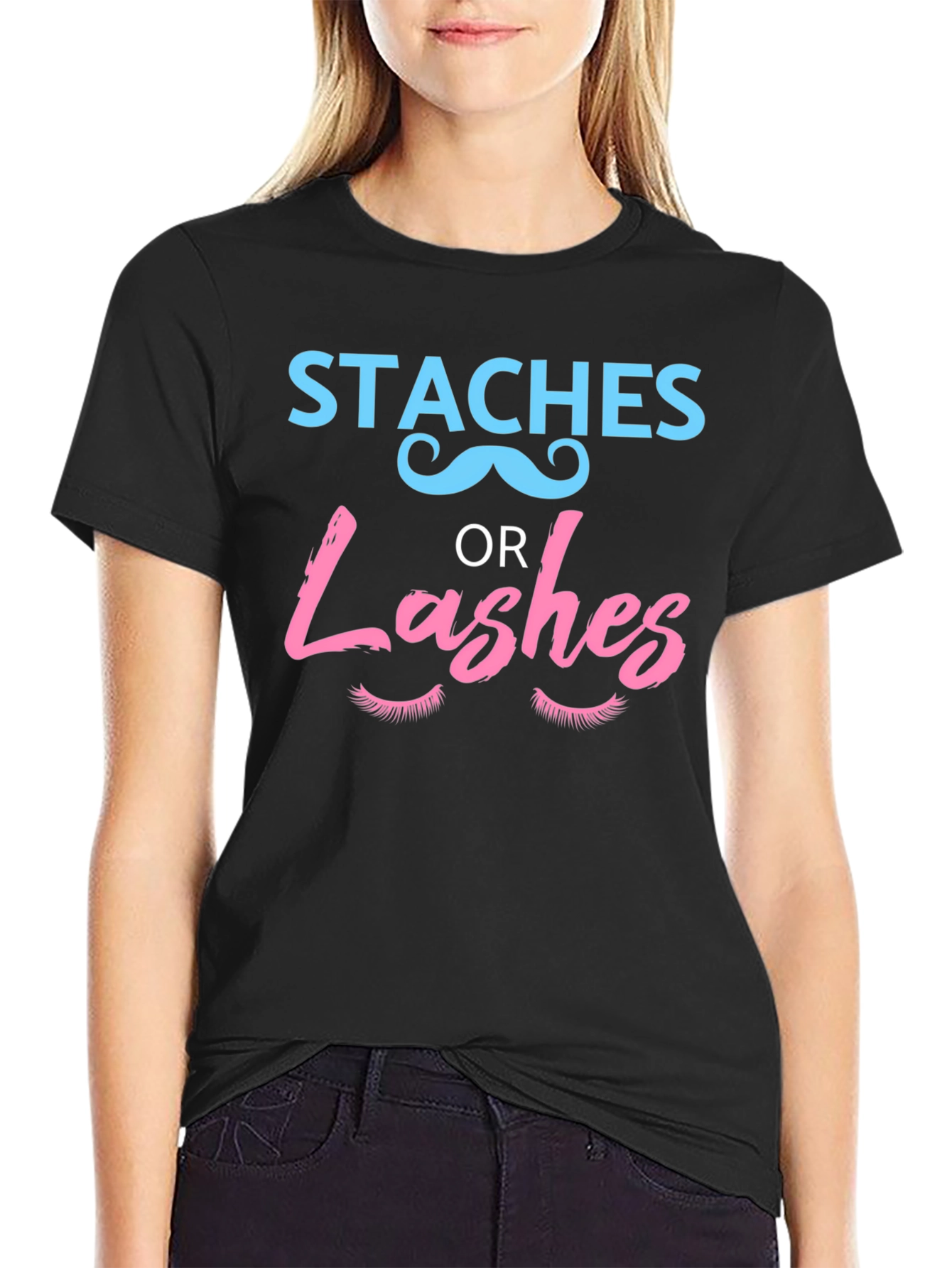 Black Staches or Lashes Gender Reveal T-Shirt view 2