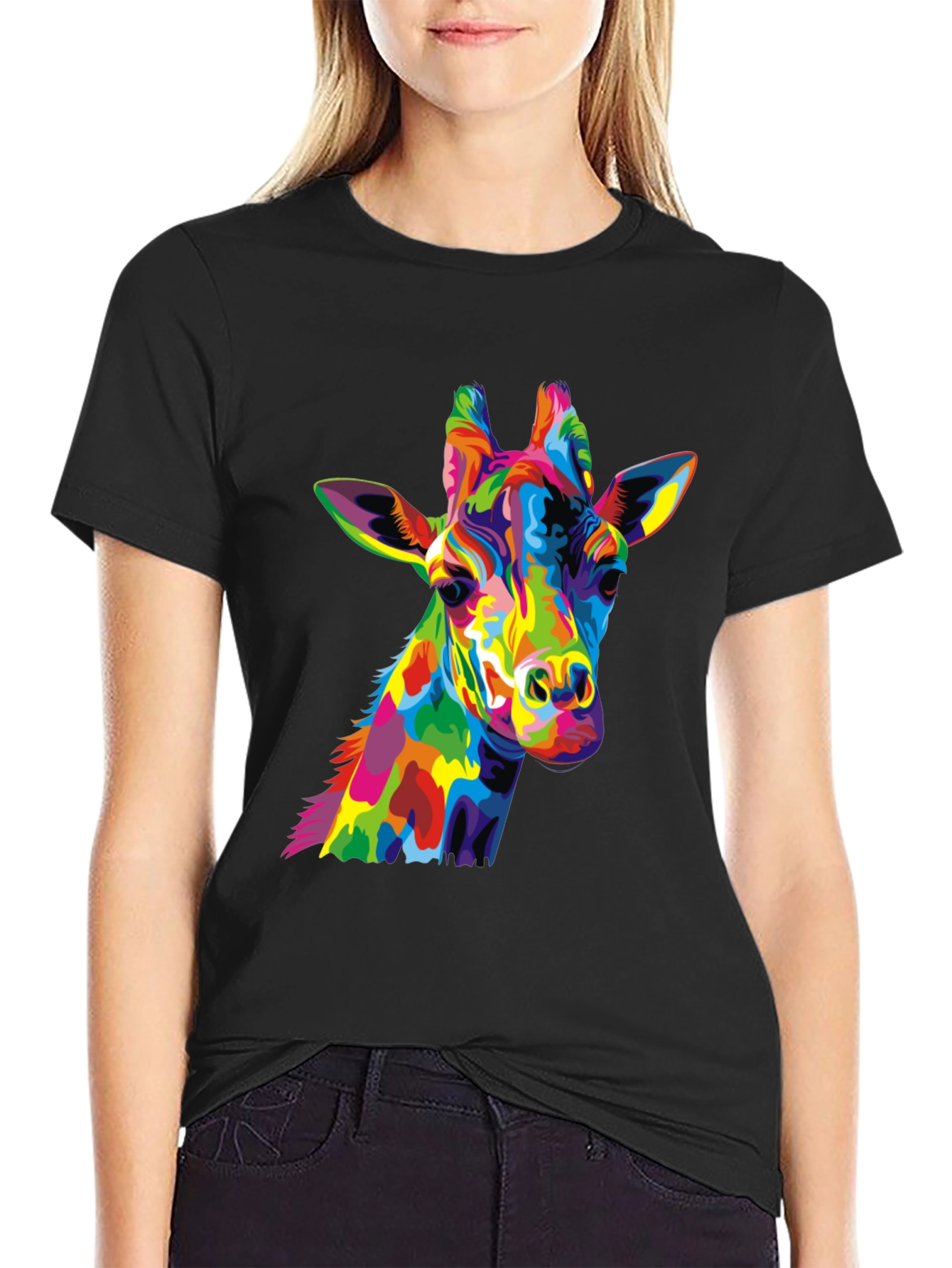 Black Colorful Giraffe Graphic Tee view 2
