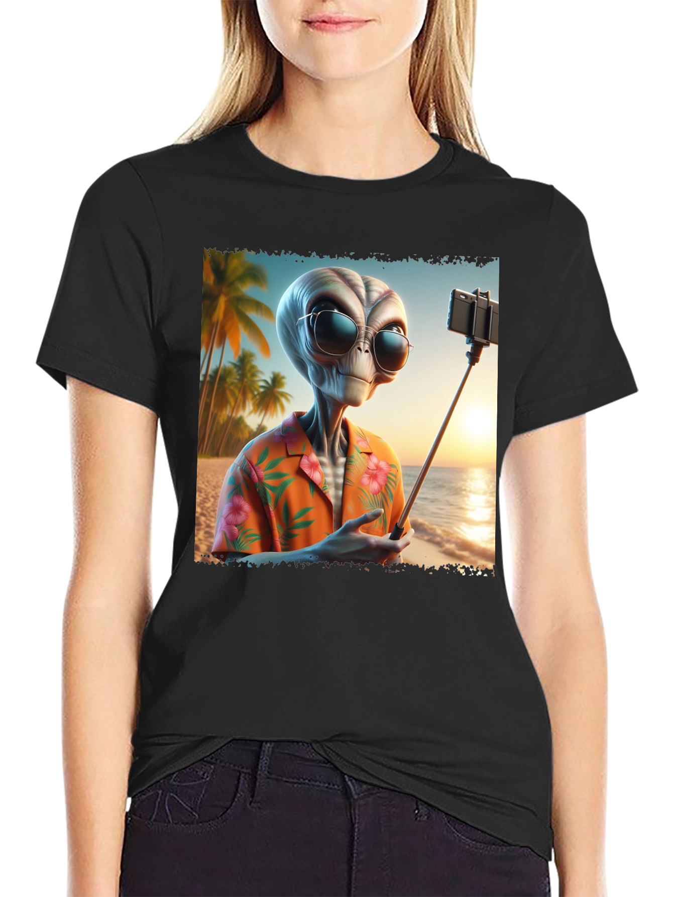 Black Alien Beach Selfie Graphic Tee - Black T-Shirt view 2