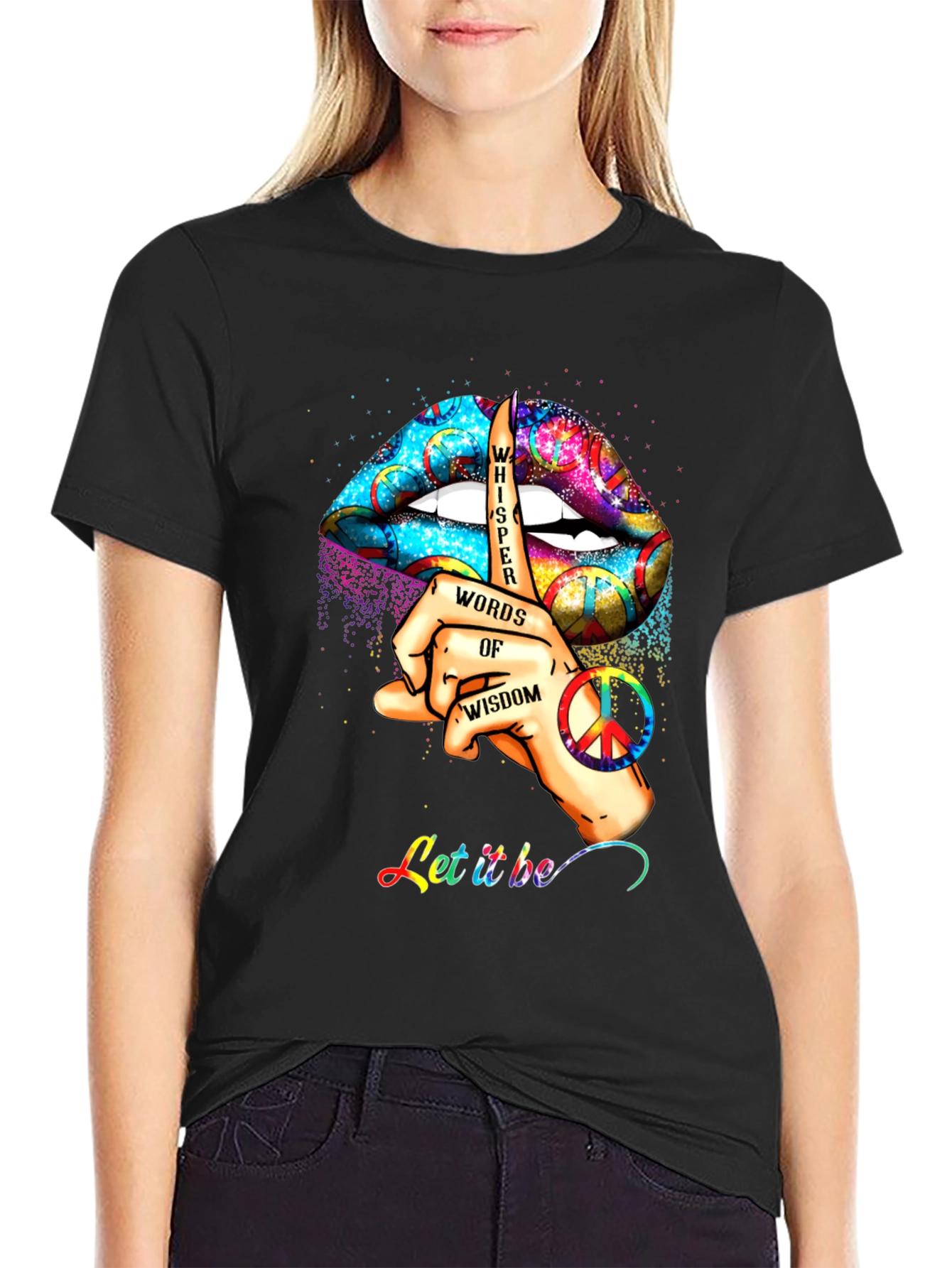 Black Colorful Lips Whisper of Wisdom Graphic T-Shirt view 2