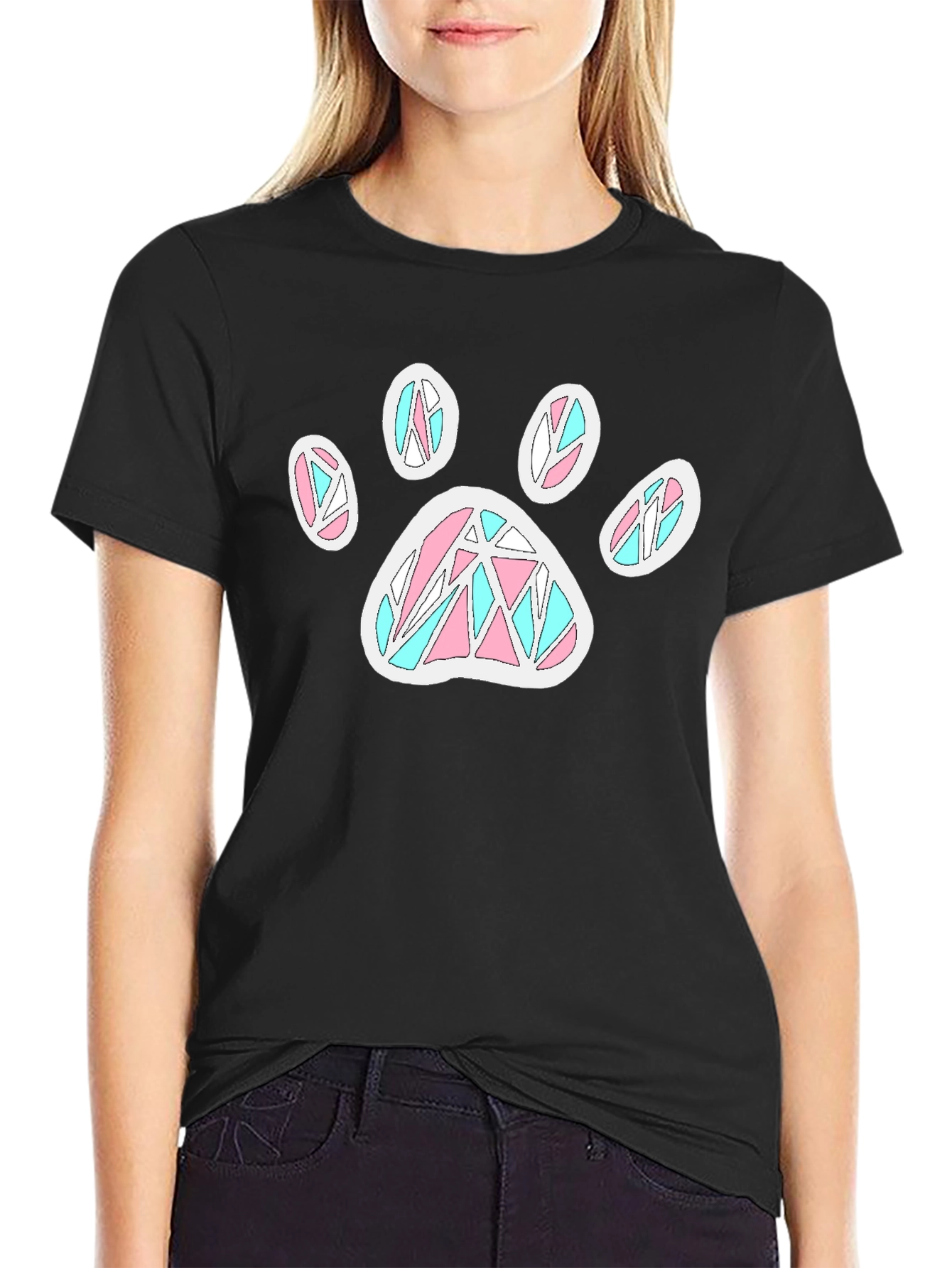 Black Paw Print T-Shirt - Black Cotton Blend, Funky Design view 2