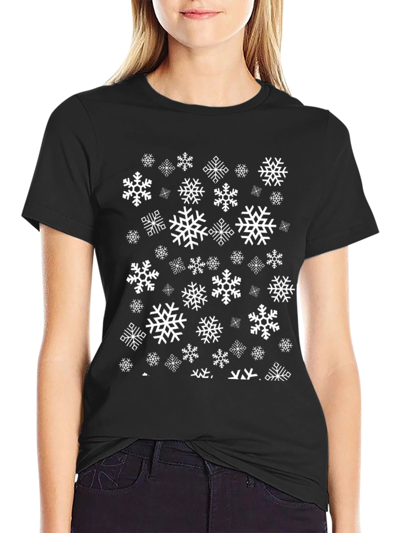 Black Snowflake Pattern Black T-Shirt view 2