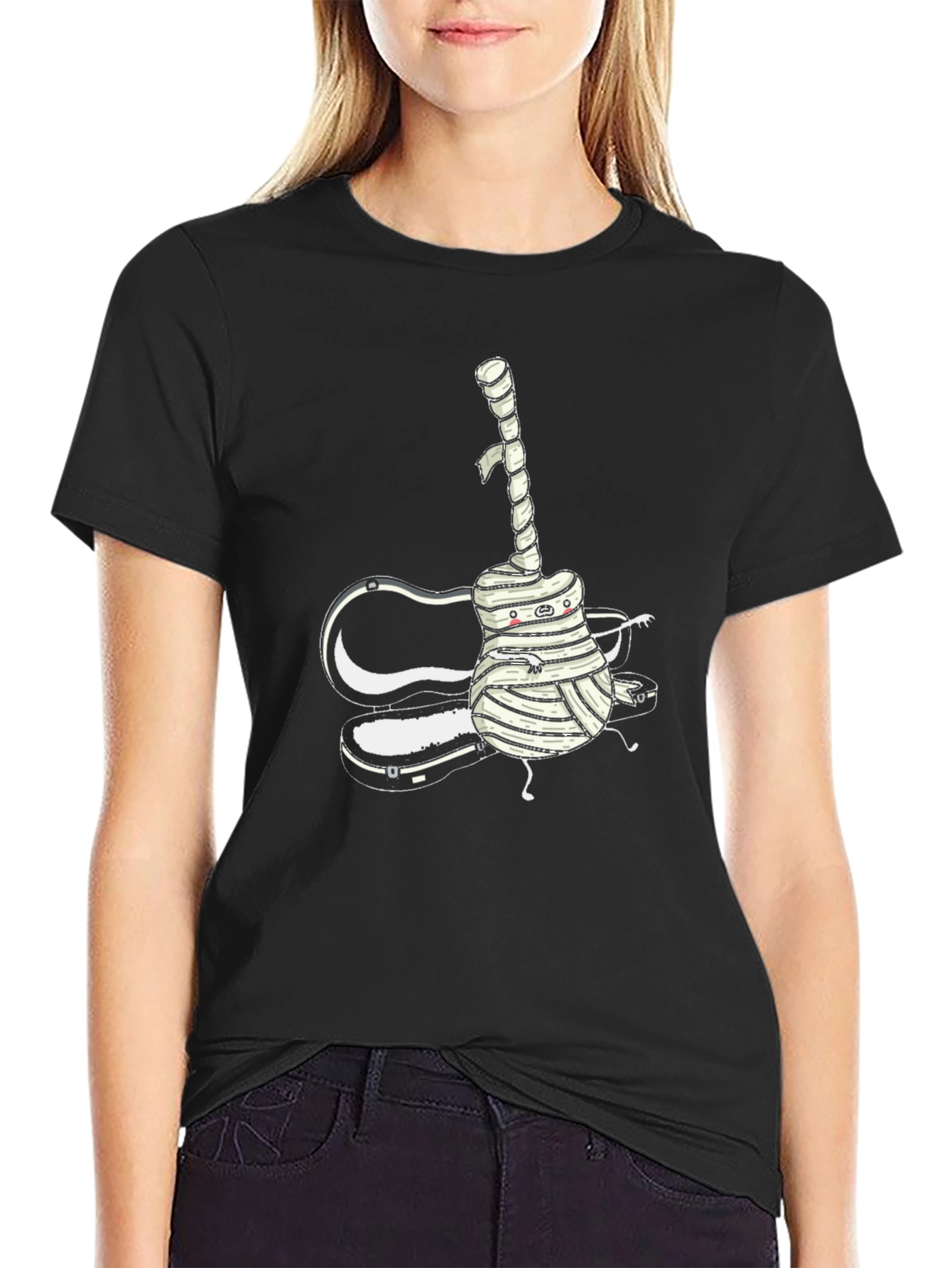Black Guitar Mummy Graphic T-Shirt - Black view 2