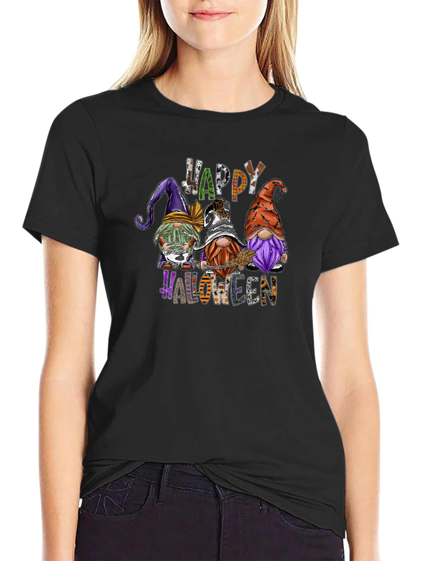 Black Happy Halloween Gnomes Black T-Shirt view 2