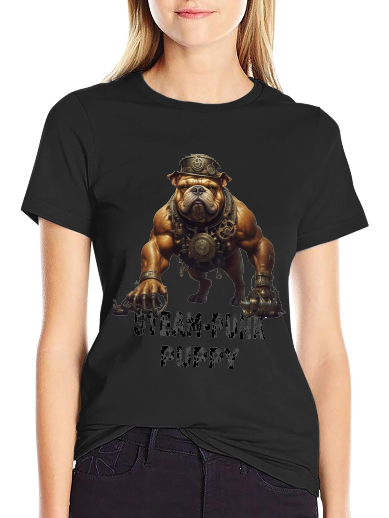 Black Steampunk Bulldog Graphic T-Shirt view 2