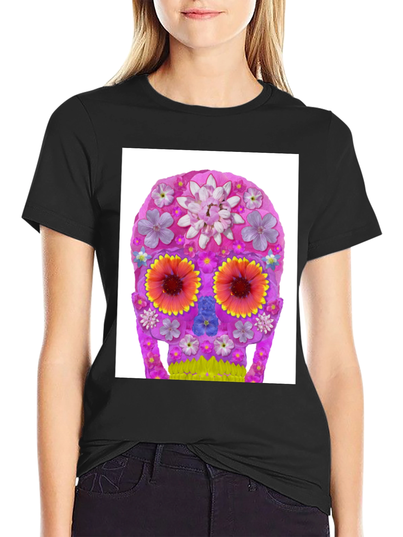 Black Floral Sugar Skull Graphic T-Shirt view 2