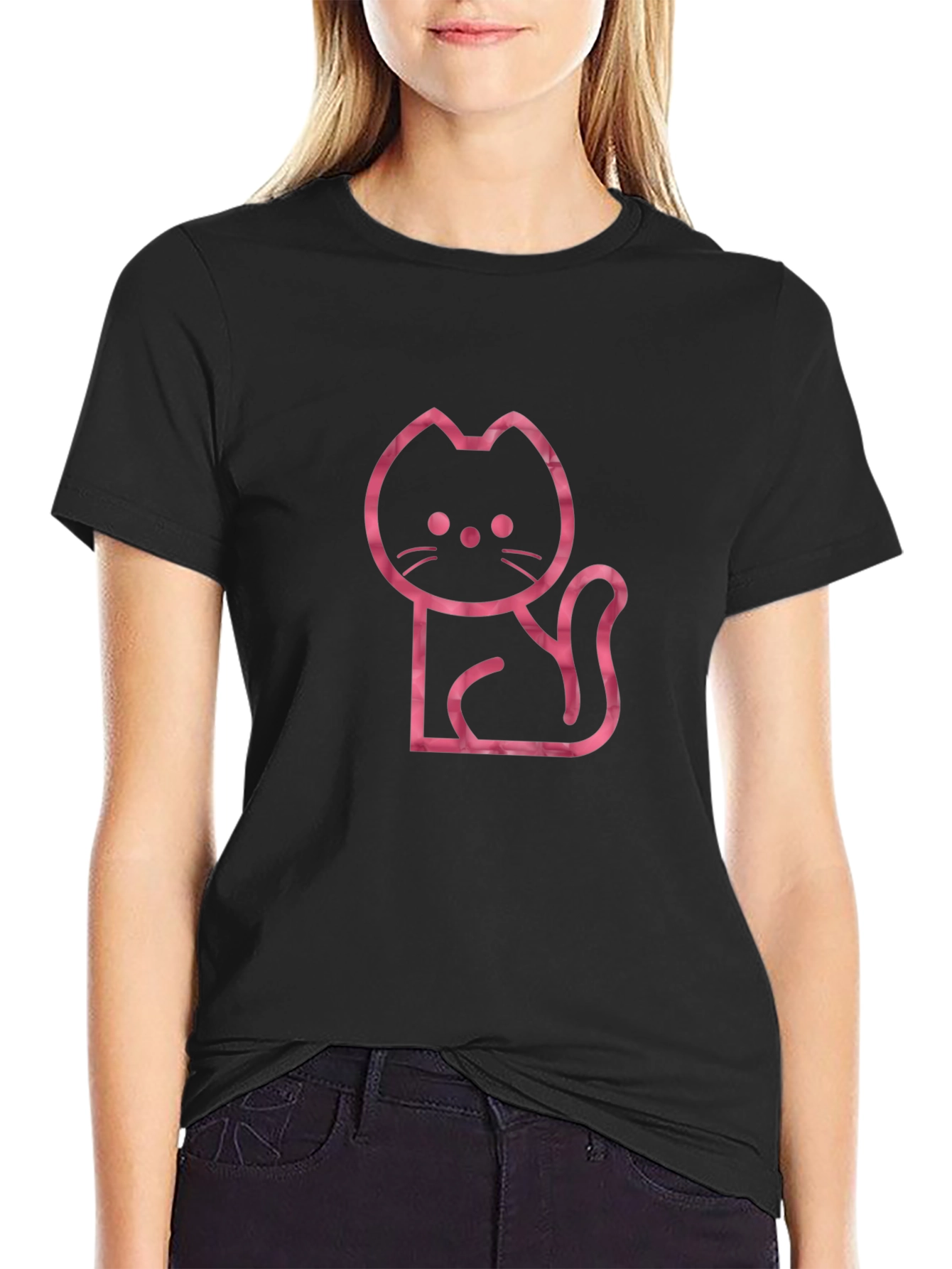 Black Cool Cat Outline Graphic Tee - Black view 2