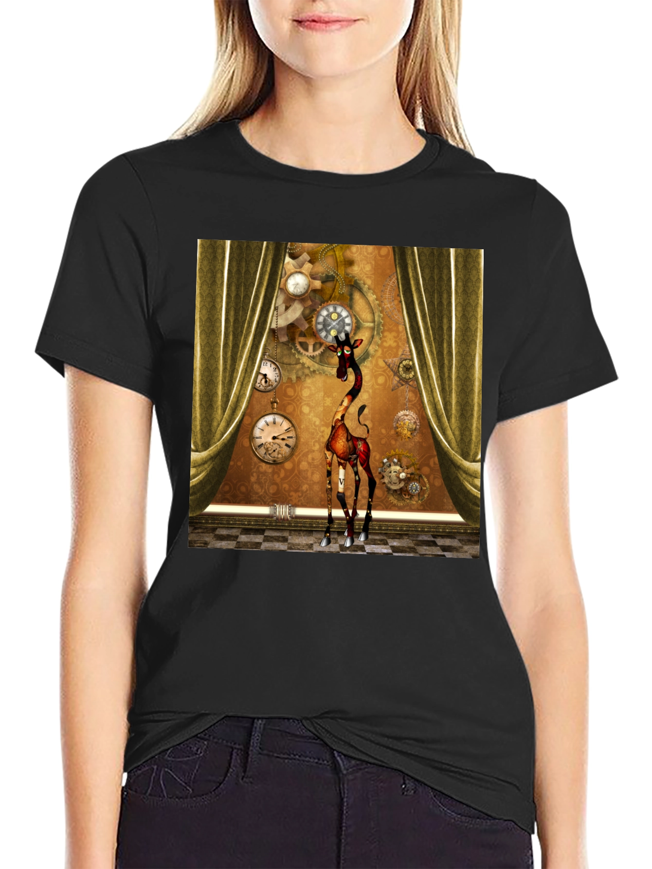 Black Steampunk Giraffe T-Shirt: Time Traveler's Style view 2
