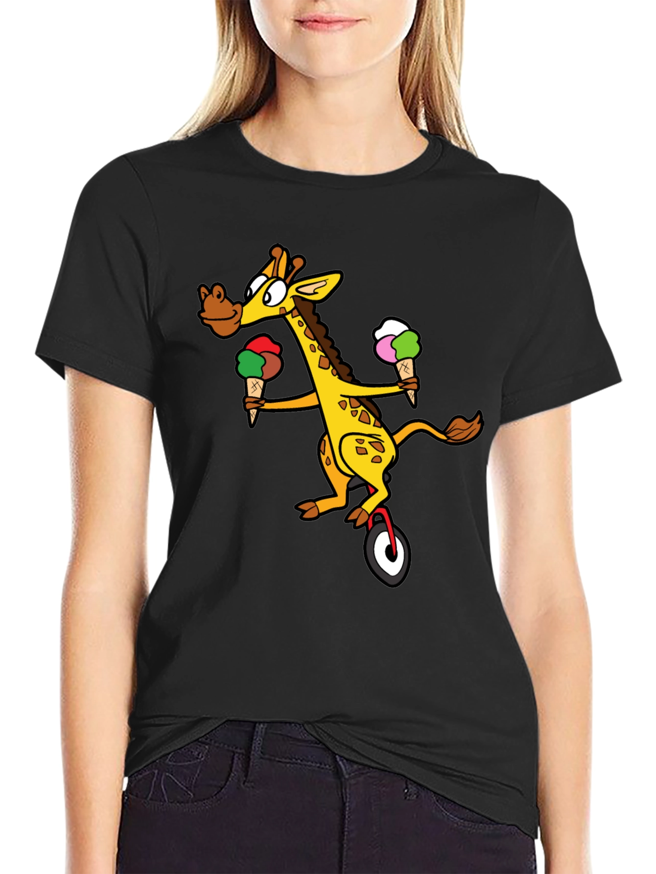 Black Giraffe Unicycle Ice Cream T-Shirt - Quirky Graphic Tee view 2