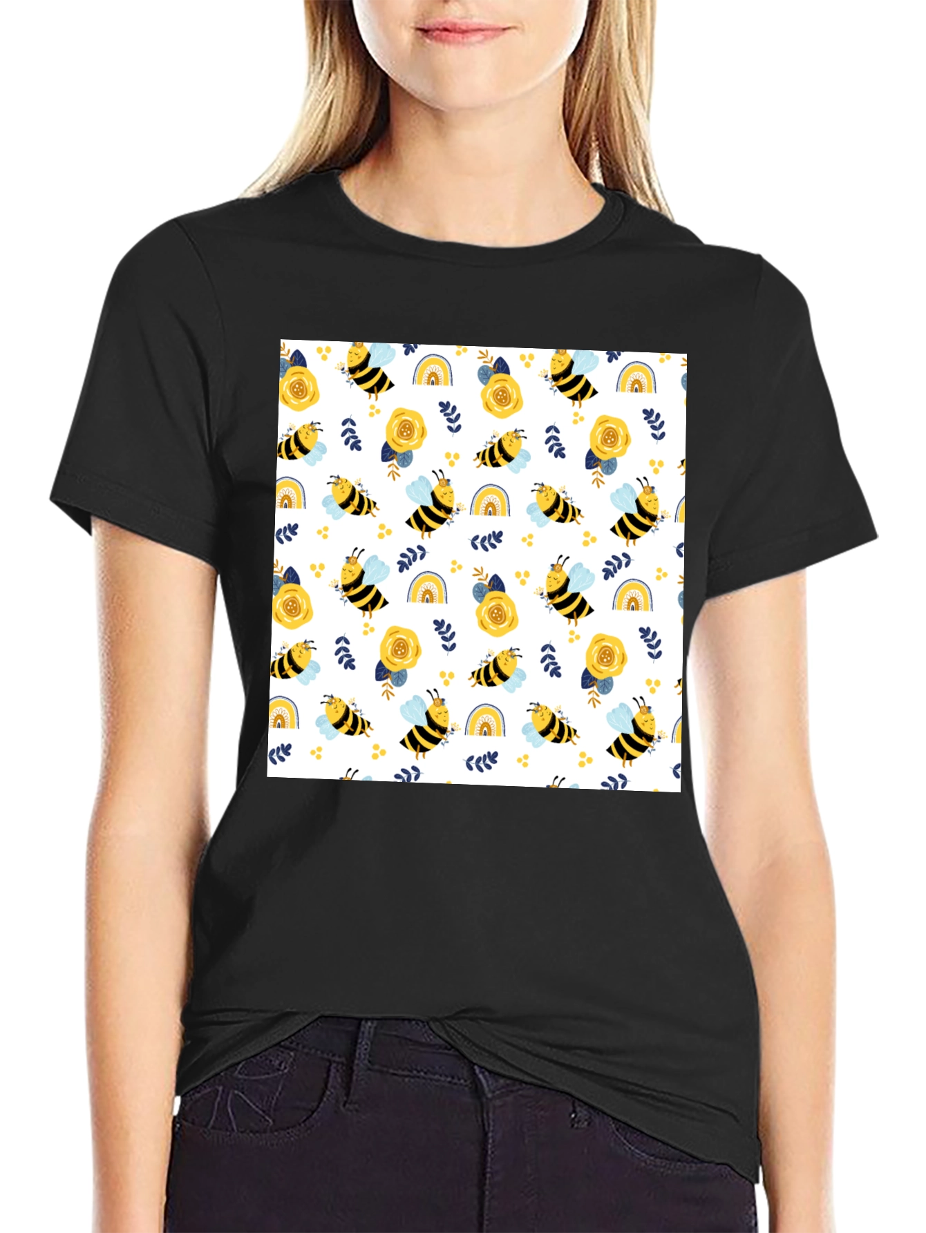 Black Honey Bee Pattern T-Shirt view 2
