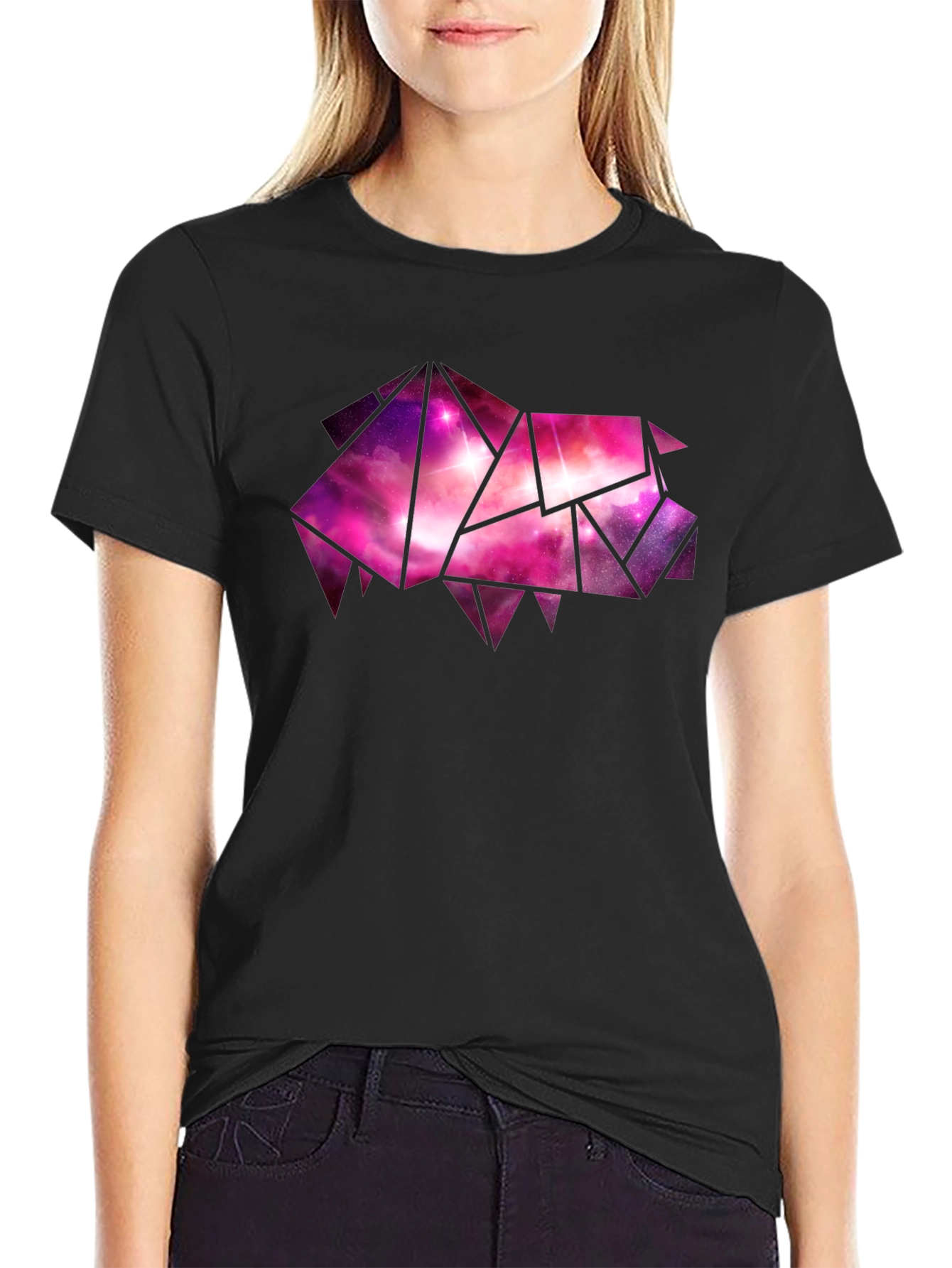 Black Geometric Galaxy Pig Tee - Stylish Black Cotton T-Shirt view 2