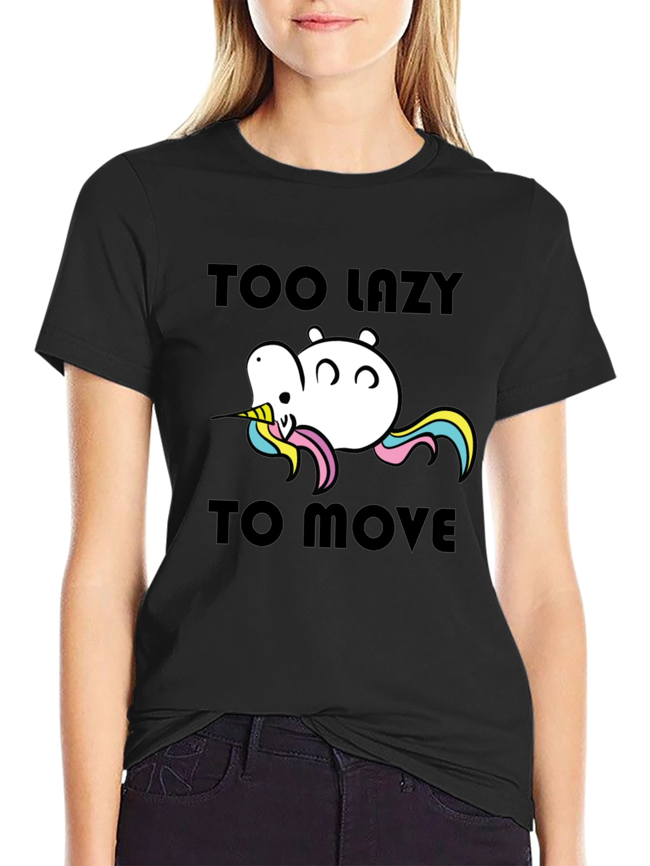 Black Too Lazy to Move Funny Unicorn T-Shirt view 2