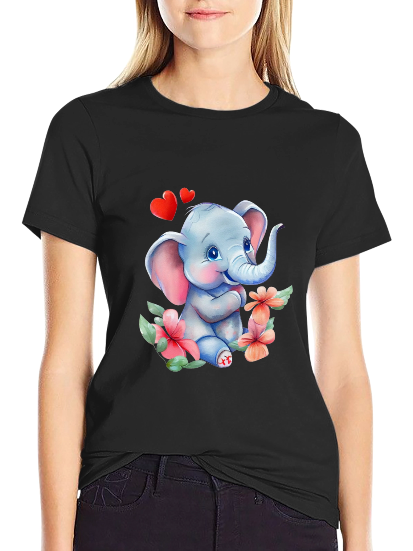 Black Cute Elephant Love Tee - Soft Cotton Blend view 2