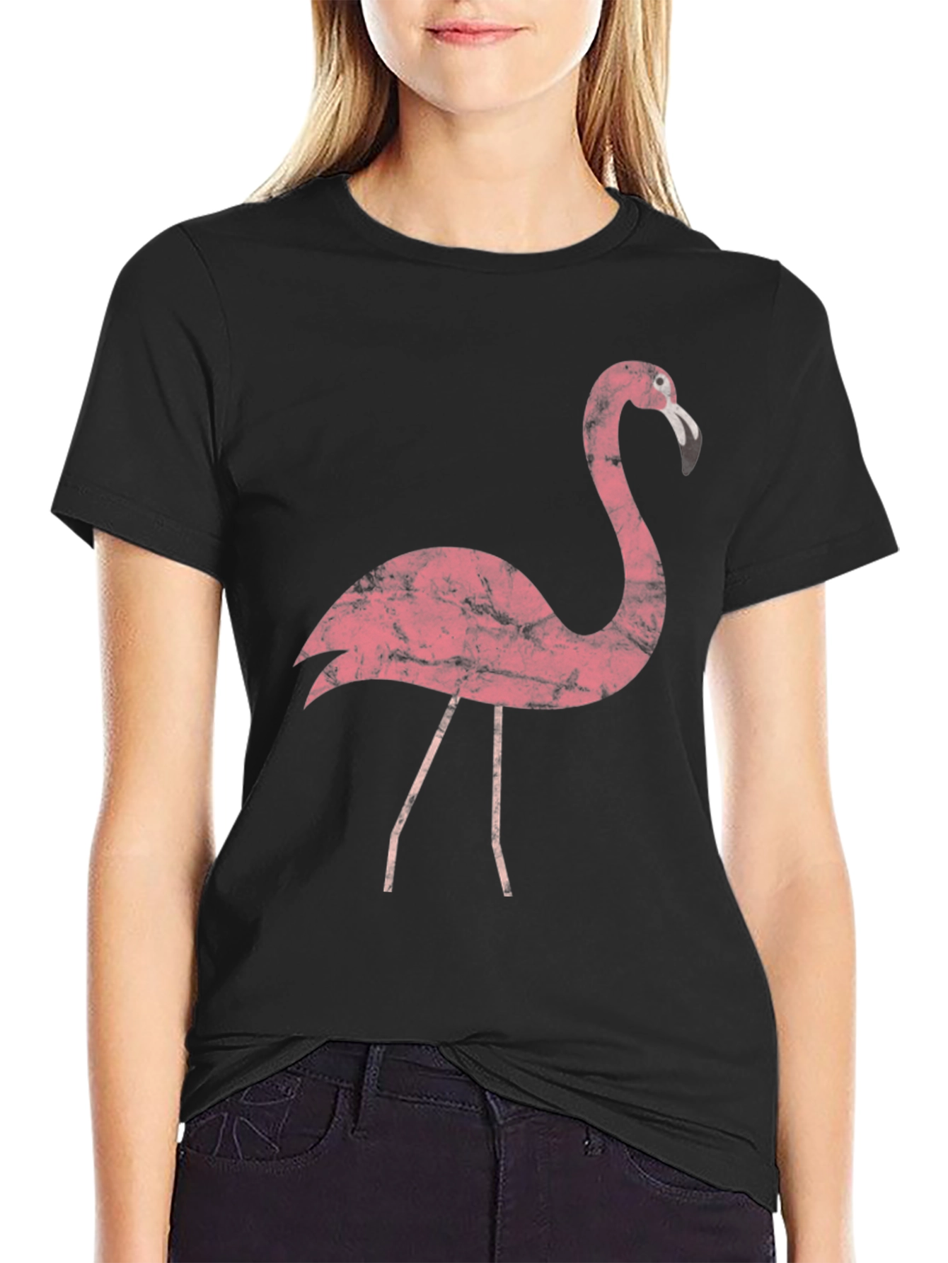 Black Vintage Flamingo Graphic Tee - Black Cotton T-Shirt view 2
