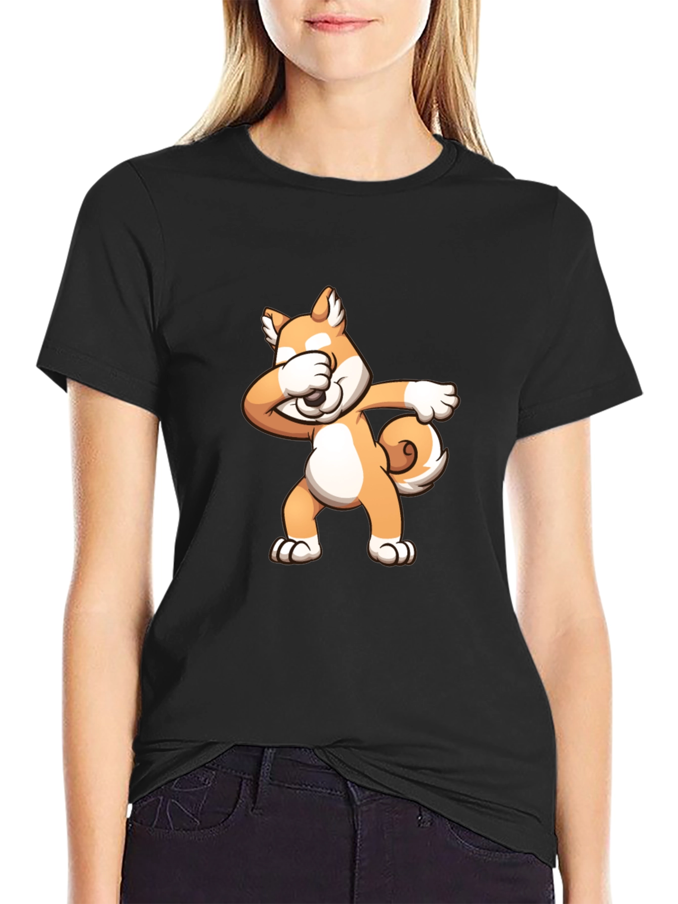 Black Dabbing Shiba Inu Black T-Shirt view 2