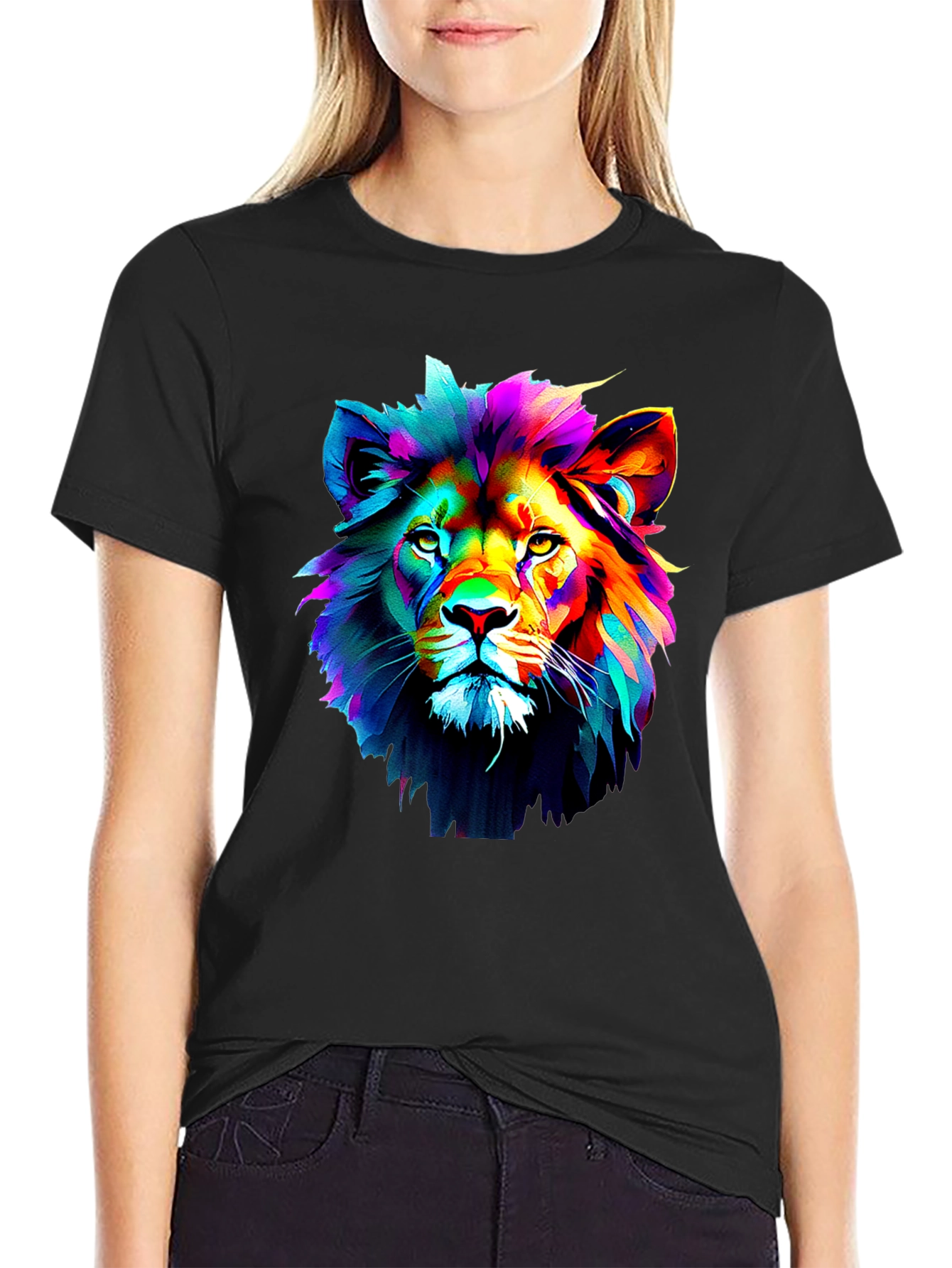 Black Vibrant Lion Graphic Black T-Shirt view 2