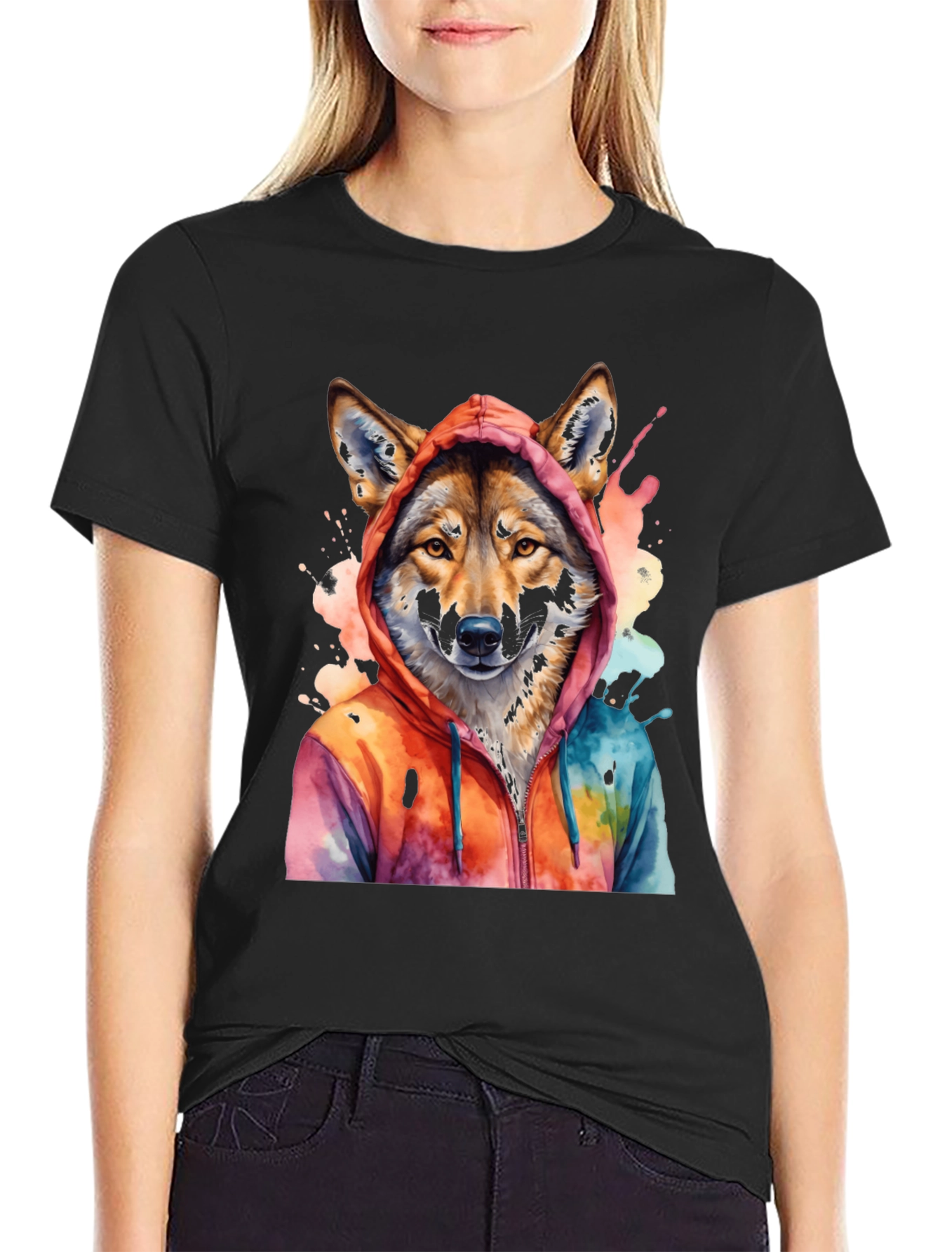 Black Watercolor Wolf Hoodie Graphic Tee view 2