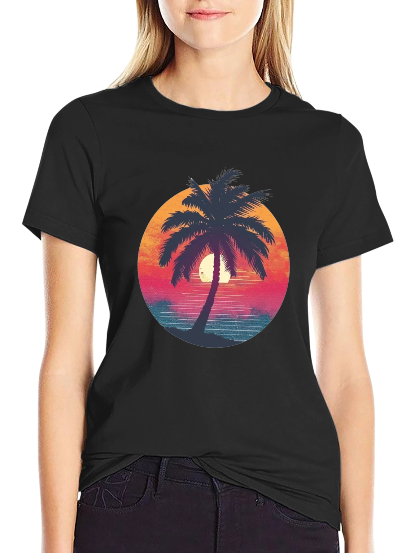 Black Retro Palm Tree Graphic Tee - Black Cotton T-Shirt view 2