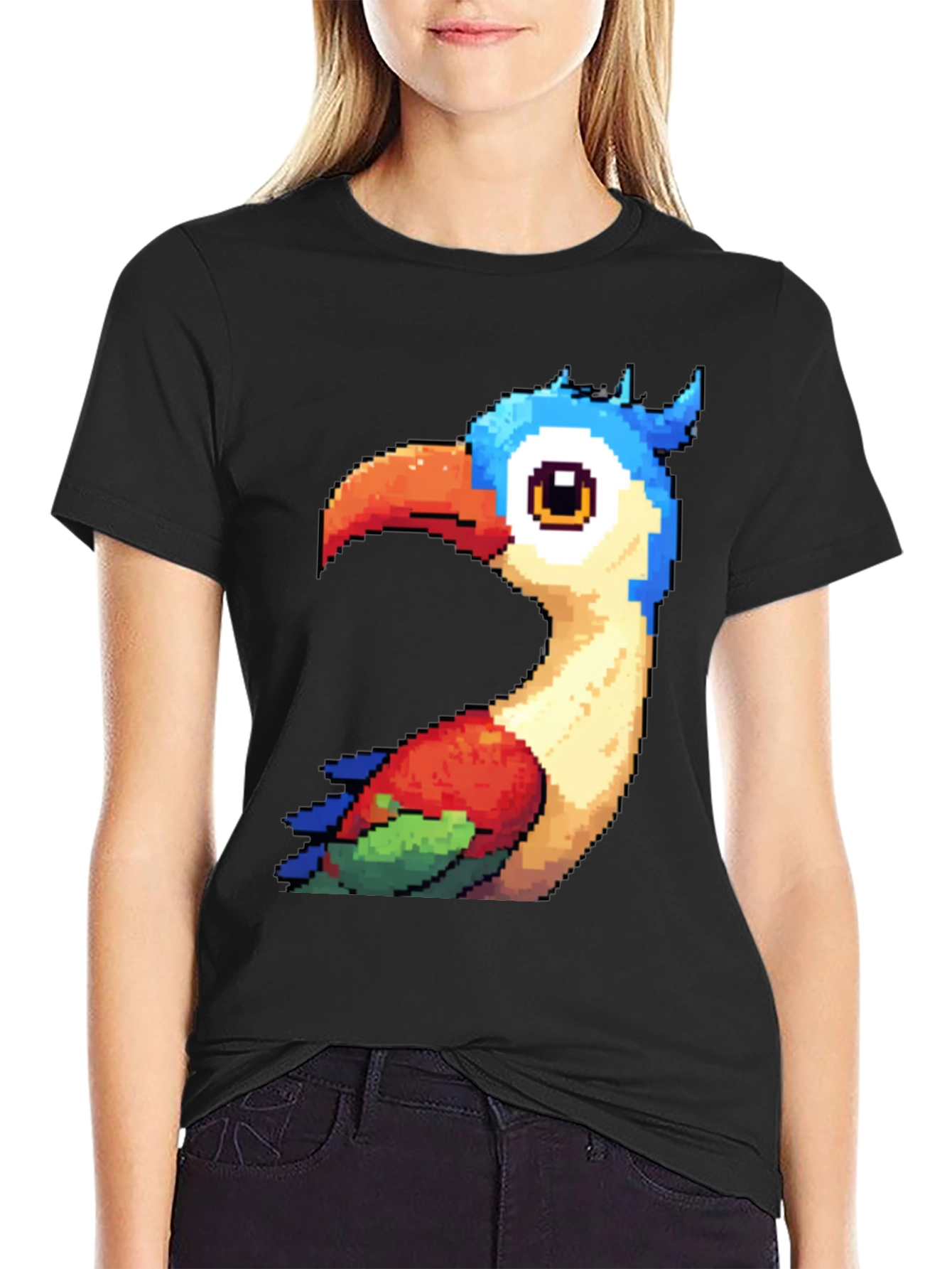 Black Pixel Art Bird Graphic T-Shirt - Black view 2