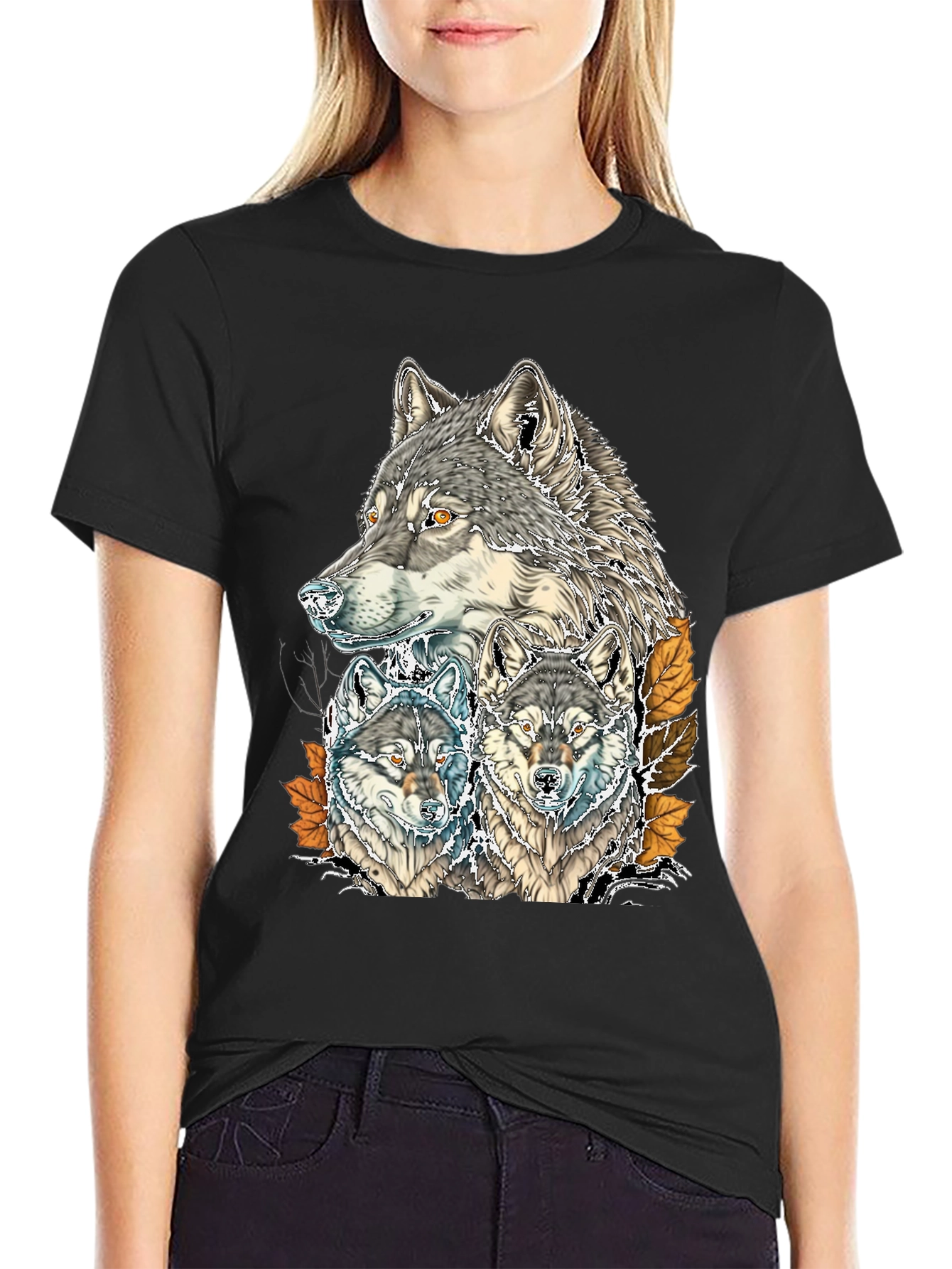 Black Wolf Pack Graphic Print Tee - Black Cotton view 2