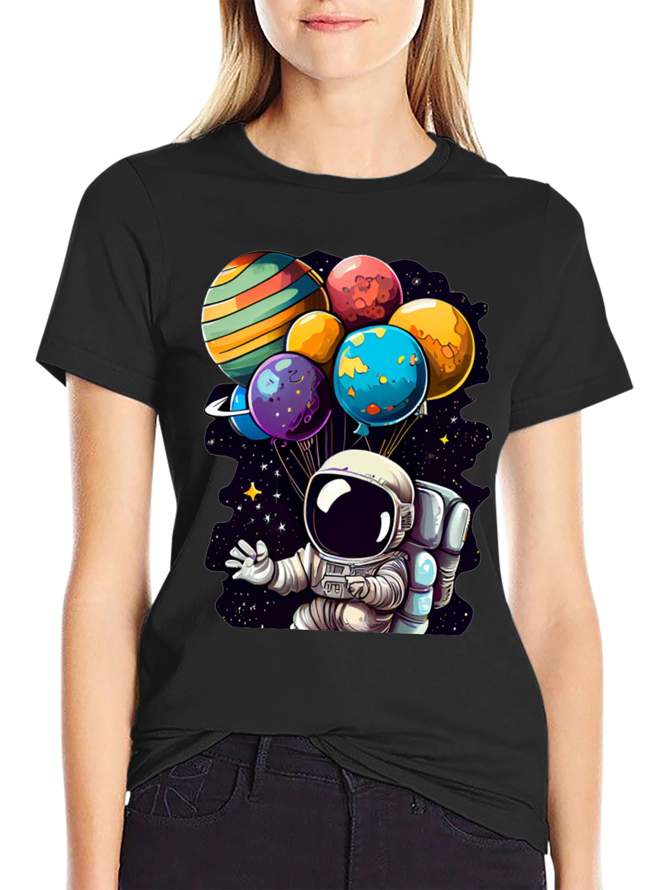 Black Astronaut Planet Balloons Graphic Tee view 2
