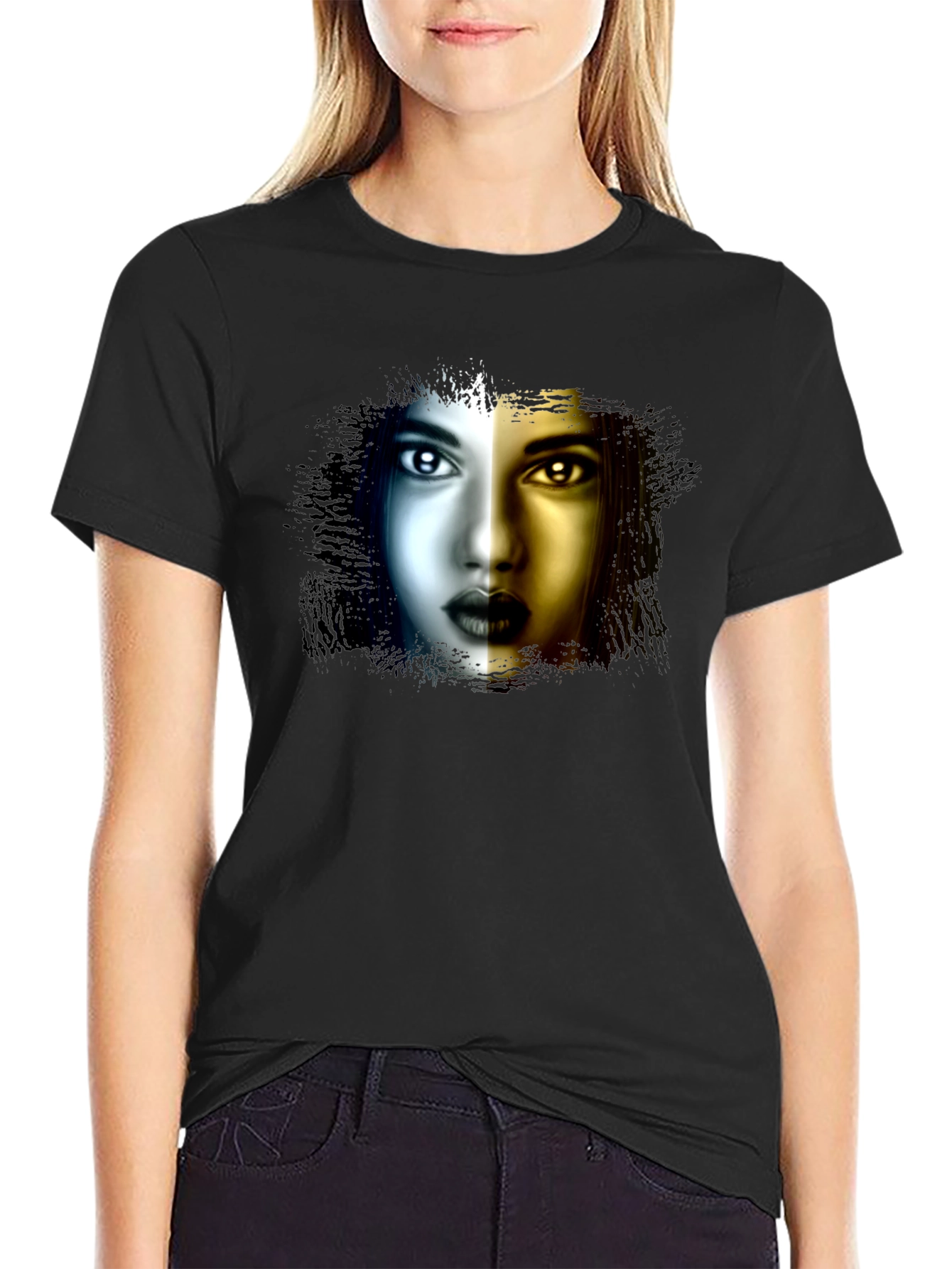Black Artistic Woman Face Graphic Black T-Shirt view 2