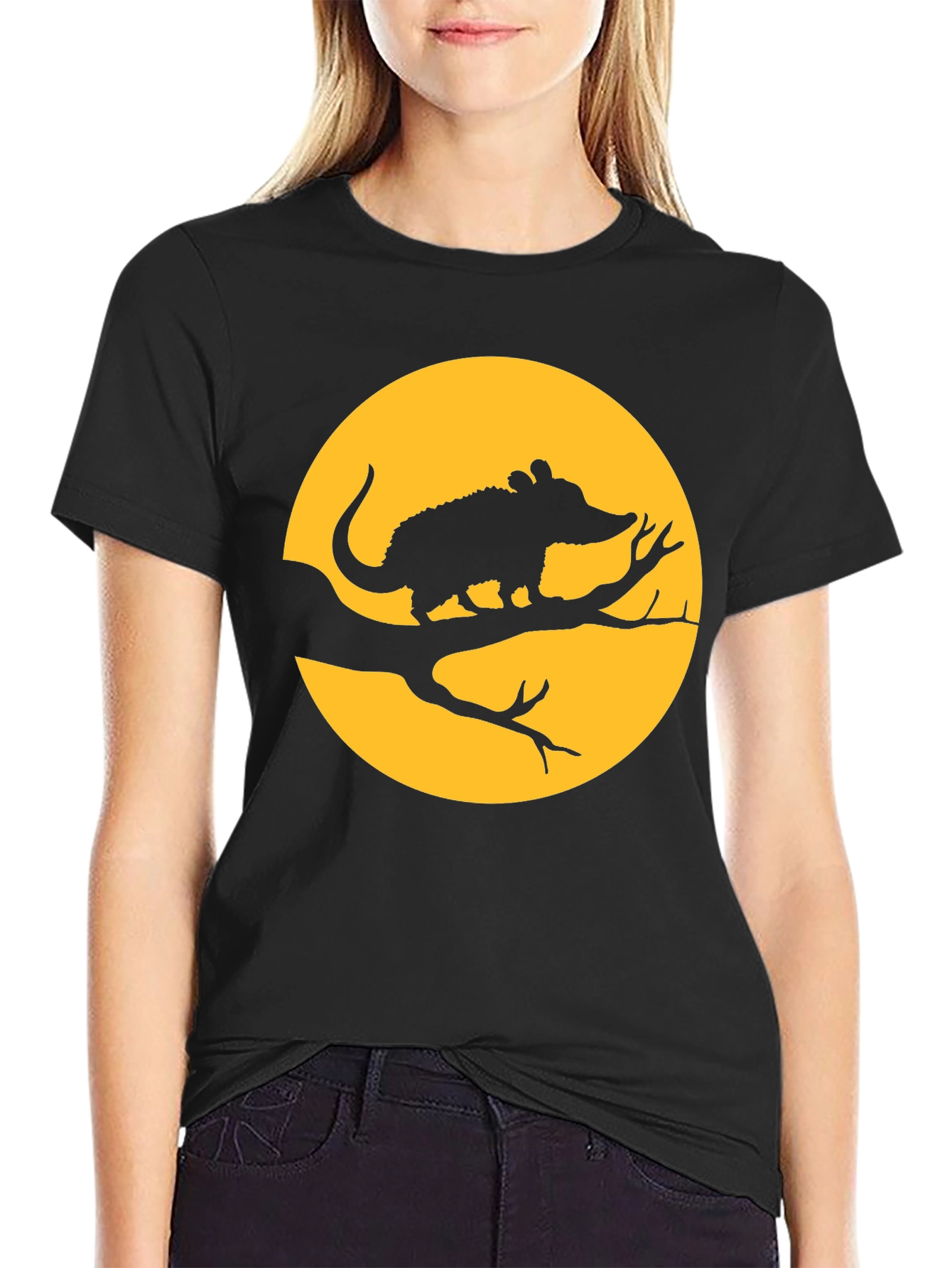 Black Opossum Moon Graphic Tee - Black Cotton T-Shirt view 2