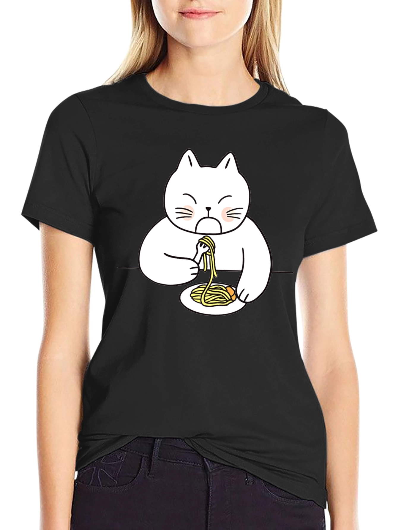 Black Cat Eating Spaghetti Funny T-Shirt view 2