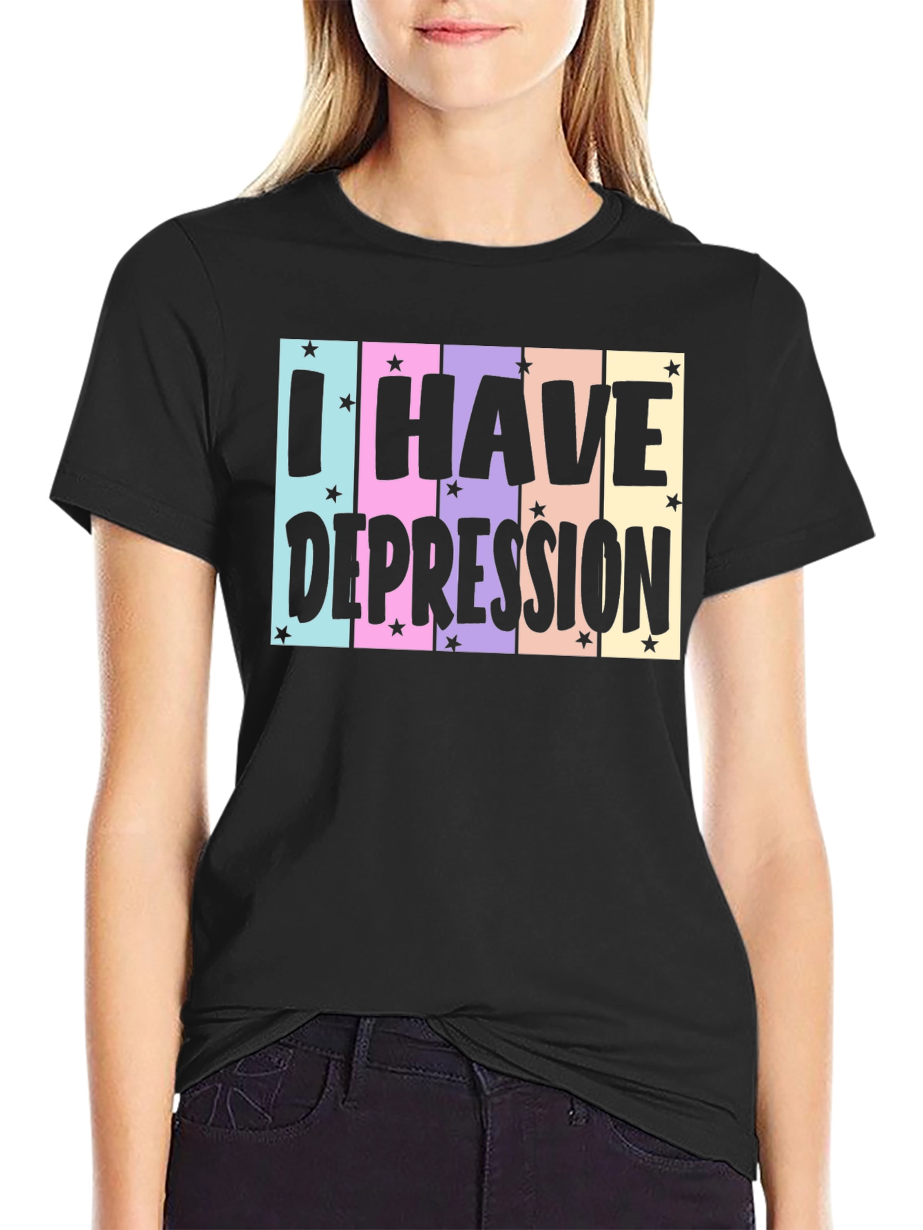 Black I Have Depression T-Shirt, Black Cotton Tee, Graphic Print view 2