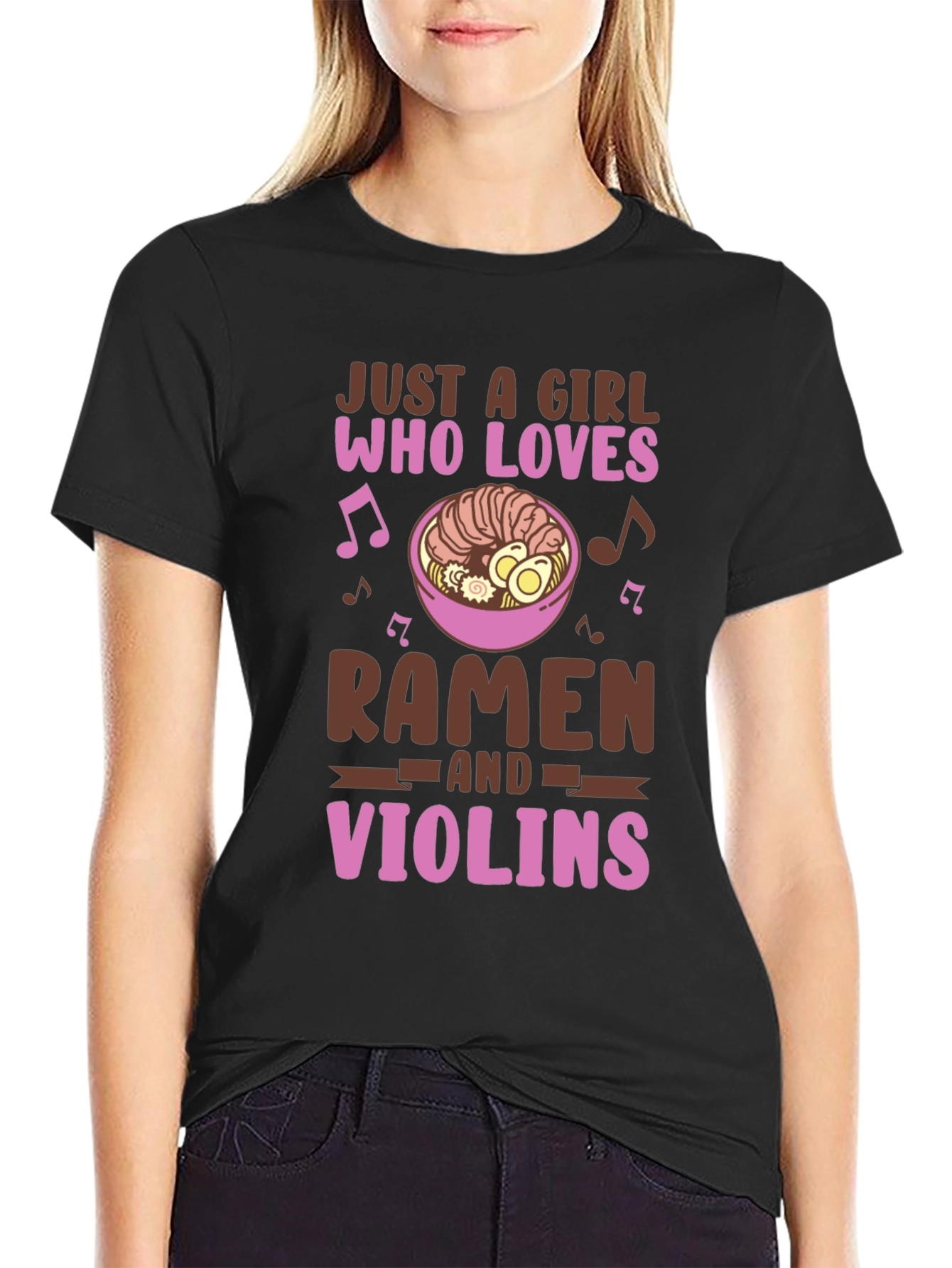 Black Ramen & Violin Lover T-Shirt - Cute Girl Design view 2