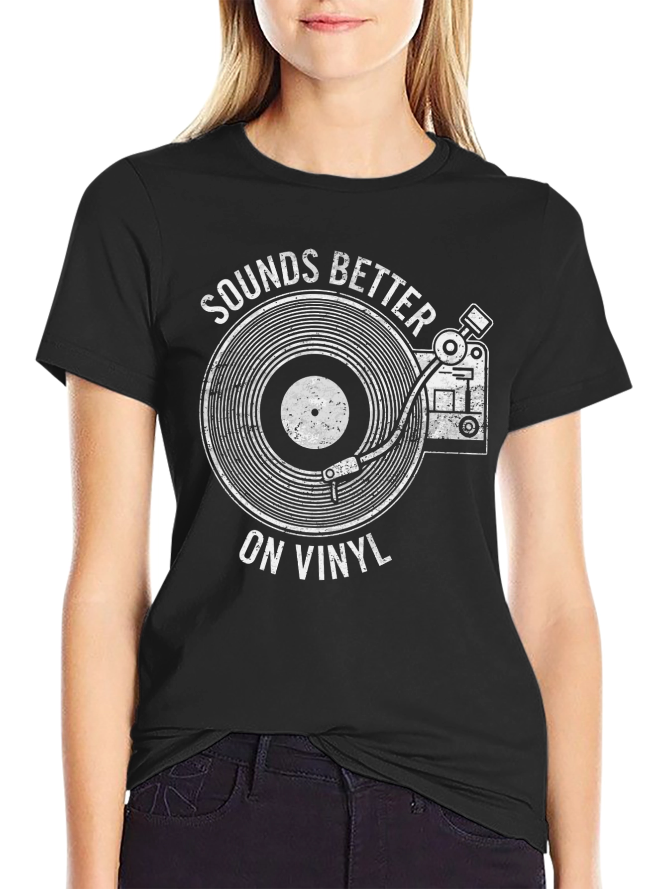 Black Sounds Better on Vinyl T-Shirt - Retro Record Player Tee view 2
