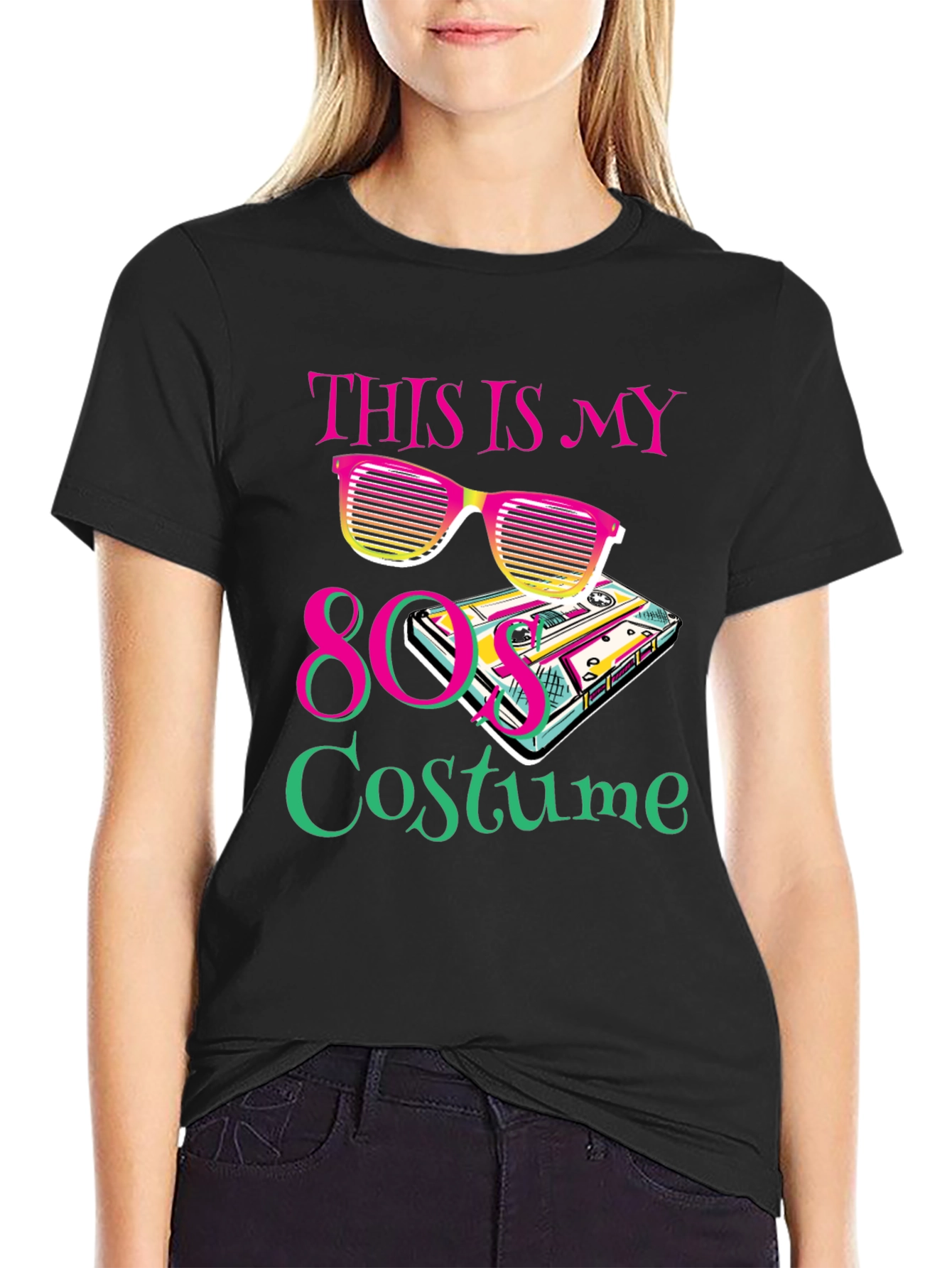 Black 80s Costume Party T-Shirt Retro Cassette Tape Sunglasses view 2