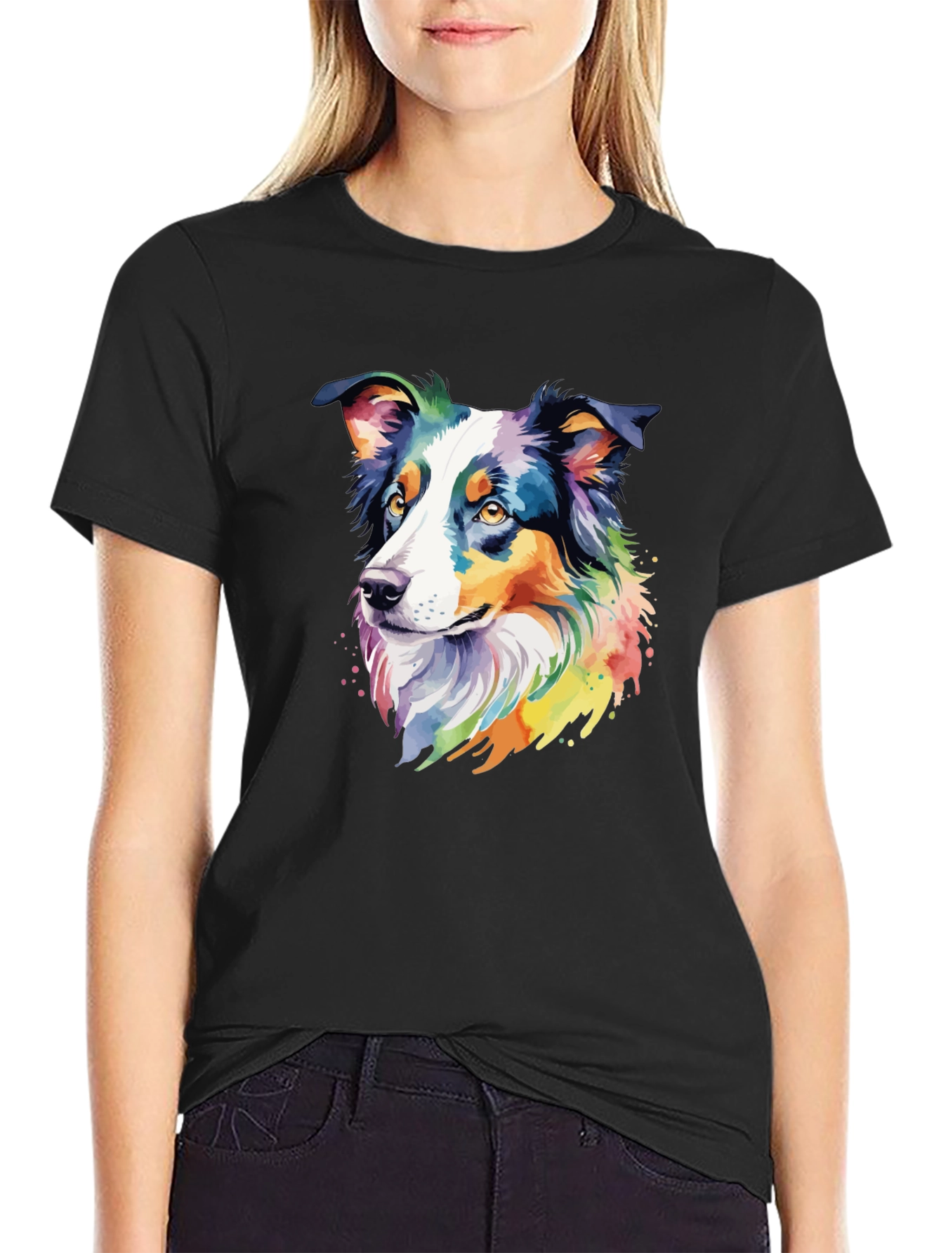 Black Colorful Australian Shepherd Dog Graphic T-Shirt view 2