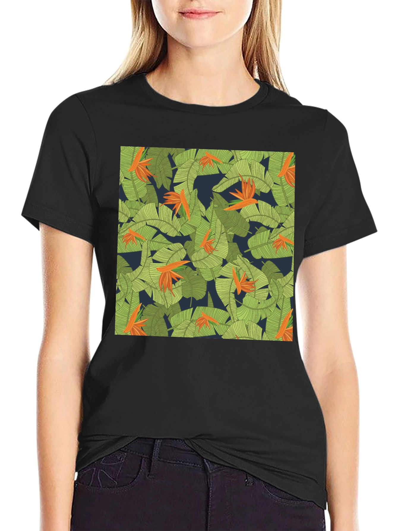 Black Tropical Floral Print T-Shirt view 2