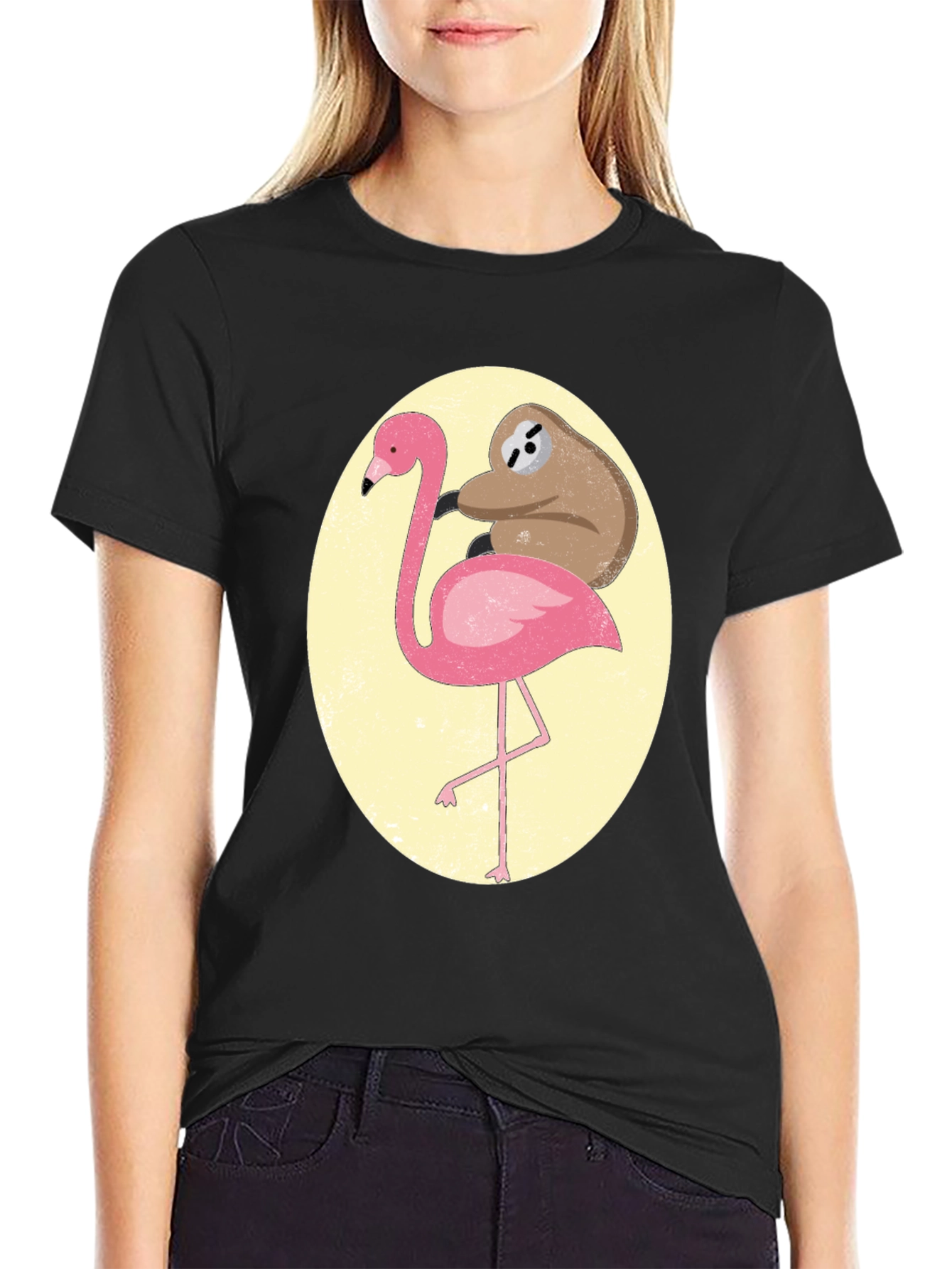 Black Sloth Riding Flamingo Graphic Tee - Black Cotton T-Shirt view 2