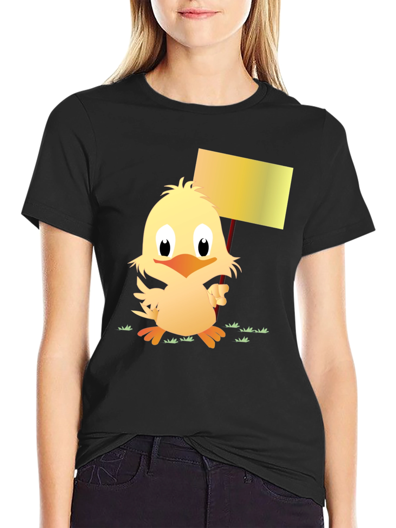 Black Cute Chick Holding Sign Black T-Shirt view 2