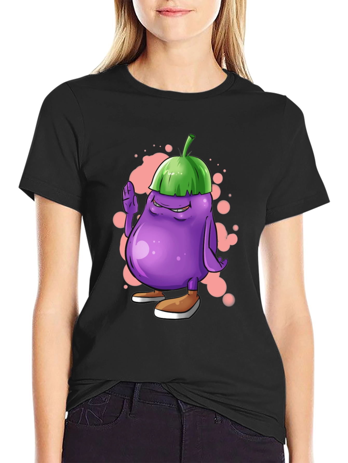 Black Eggplant Cartoon Graphic Tee view 2